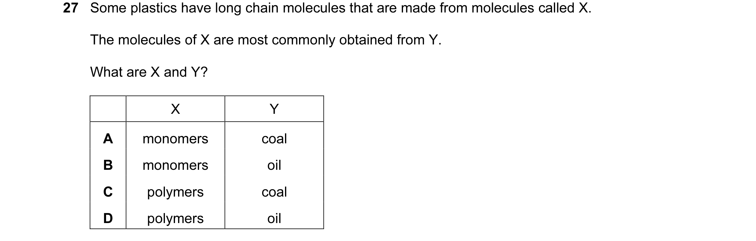 Question 12: Some plastics have long chain molecules that are made from molecules called X. The molecules of X are most commonly obtained from Y. What a…