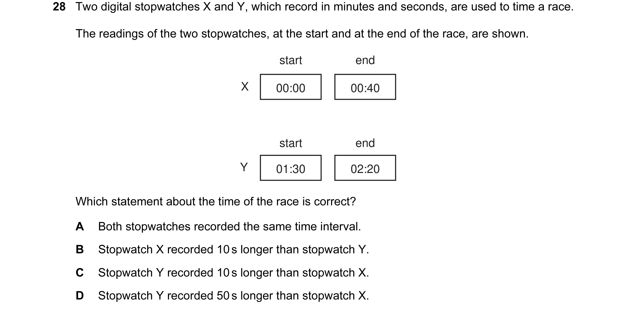 Question 9: Two digital stopwatches X and Y, which record in minutes and seconds, are used to time a race. The readings of the two stopwatches, at the …