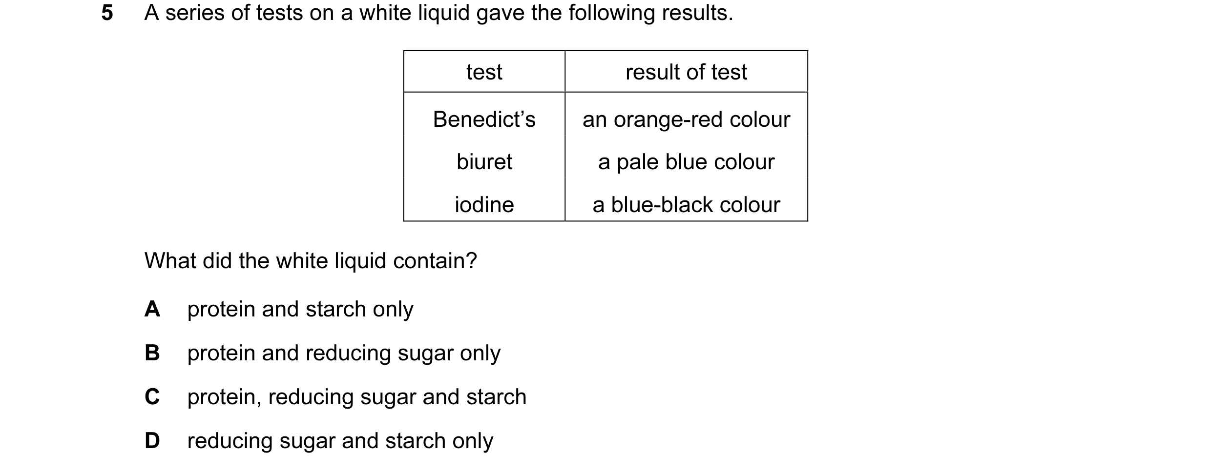 Question 8: A series of tests on a white liquid gave the following results. test result of test Benedict’s an orange-red colour biuret a pale blue colo…