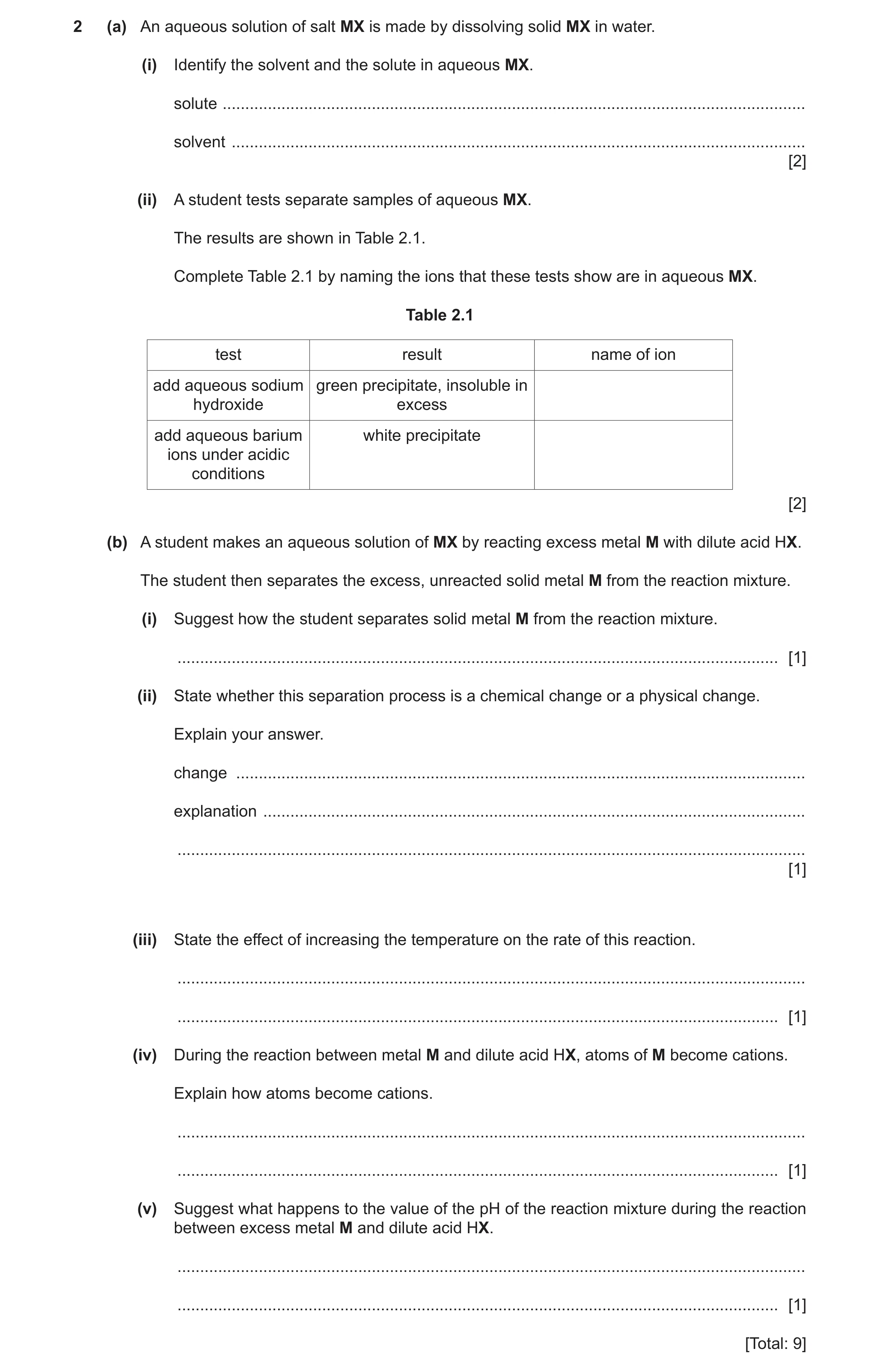 Question 25: (a) An aqueous solution of salt MX is made by dissolving solid MX in water. (i) Identify the solvent and the solute in aqueous MX. solute .…