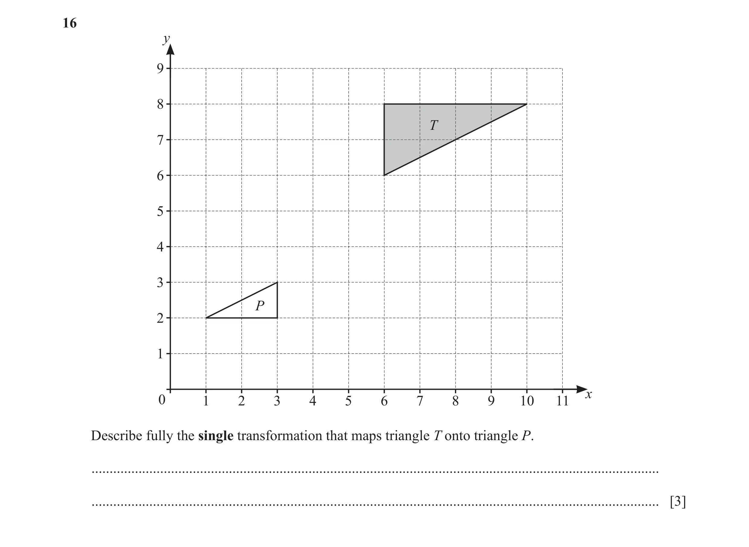 Question 28: y 9 8 T 7 6 5 4 3 P 2 1 x 0 1 2 3 4 5 6 7 8 9 10 11 Describe fully the single transformation that maps triangle T onto triangle P. ........…