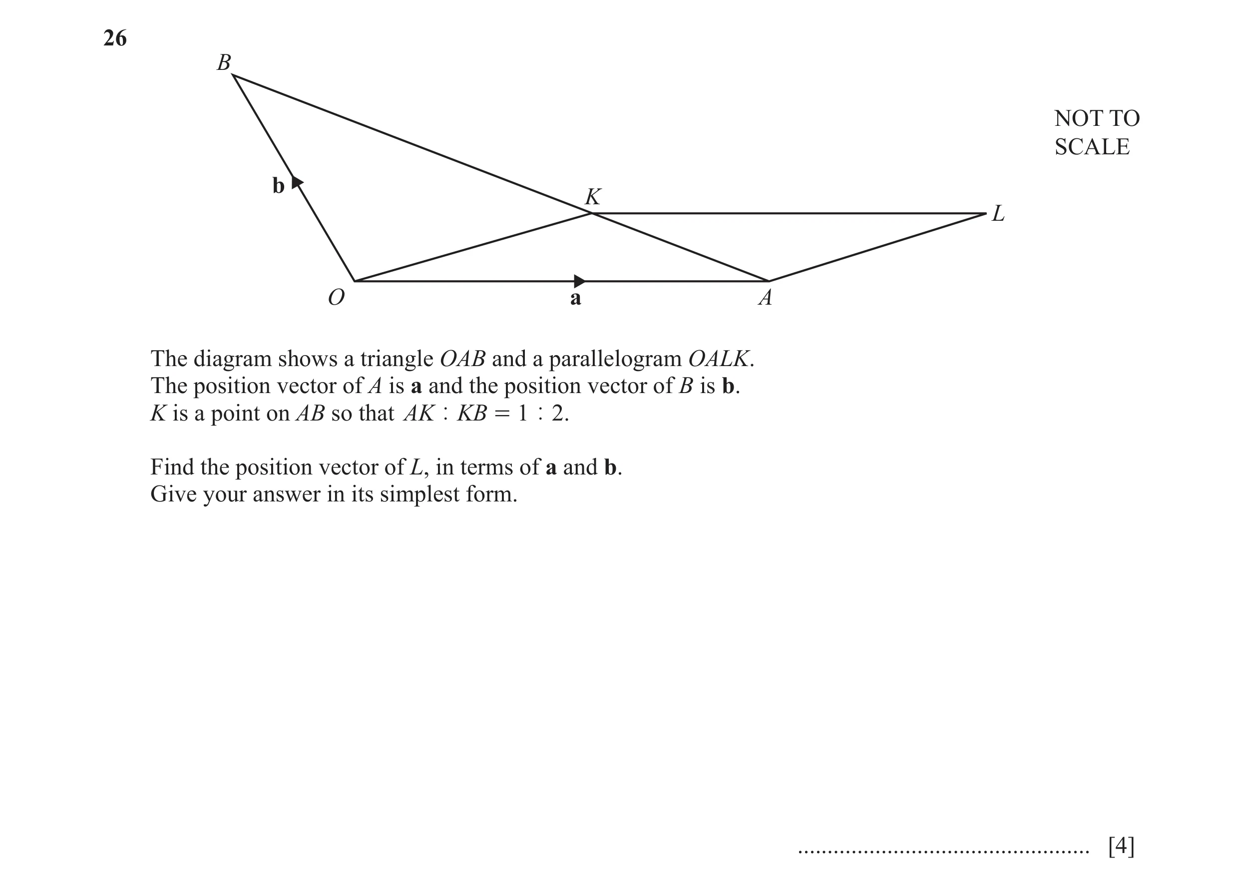 Question 61: B NOT TO SCALE b K L O a A The diagram shows a triangle OAB and a parallelogram OALK. The position vector of A is a and the position vector…