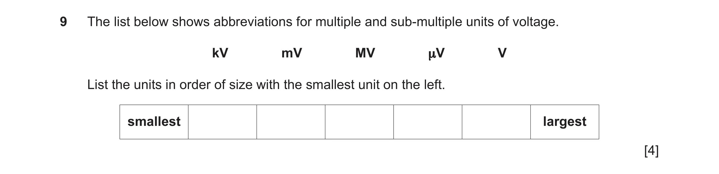 Question 87: The list below shows abbreviations for multiple and sub‑multiple units of voltage. kV mV MV μV V List the units in order of size with the s…