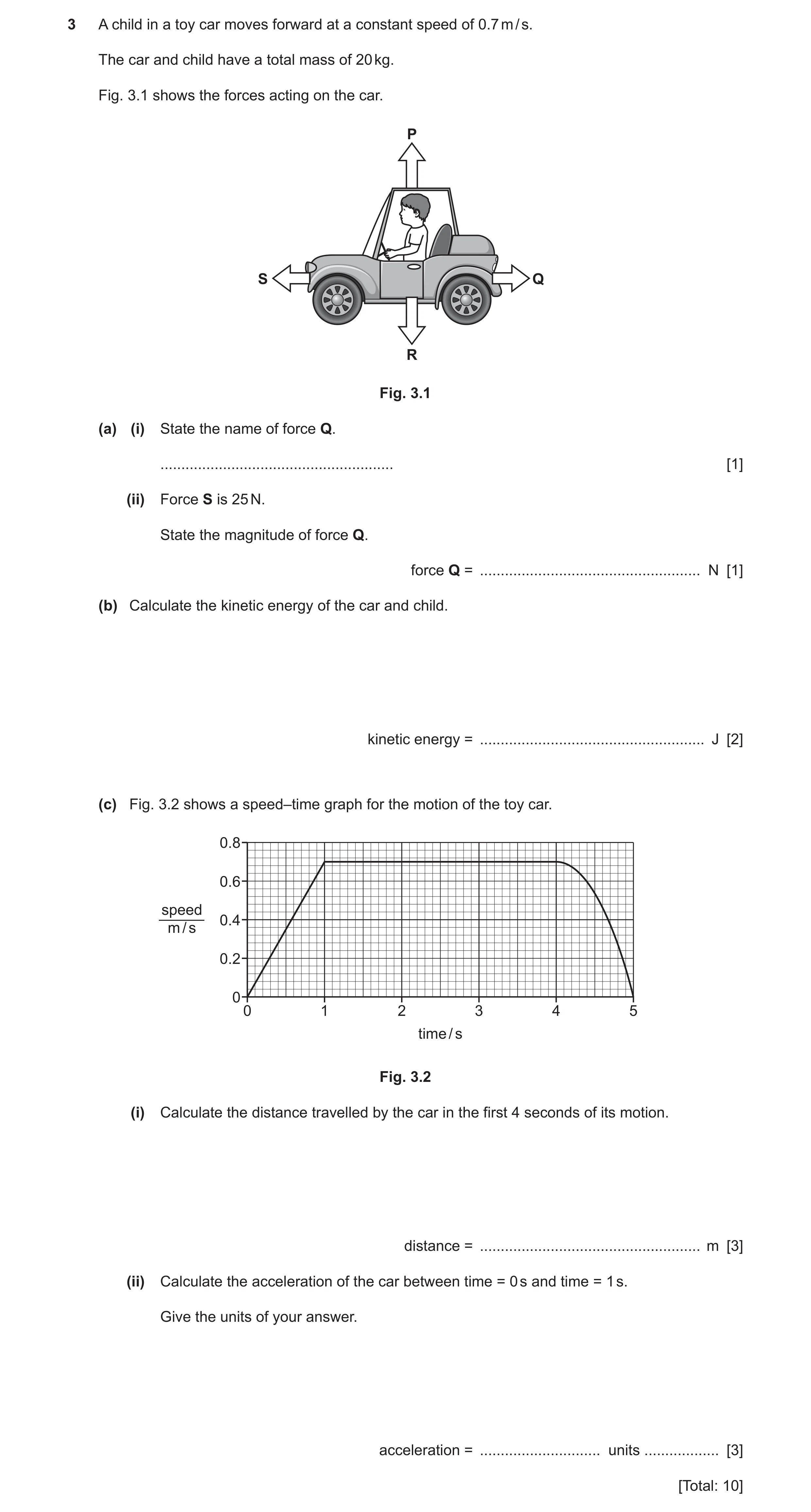 Question 25: A child in a toy car moves forward at a constant speed of 0.7 m / s. The car and child have a total mass of 20 kg. Fig. 3.1 shows the force…