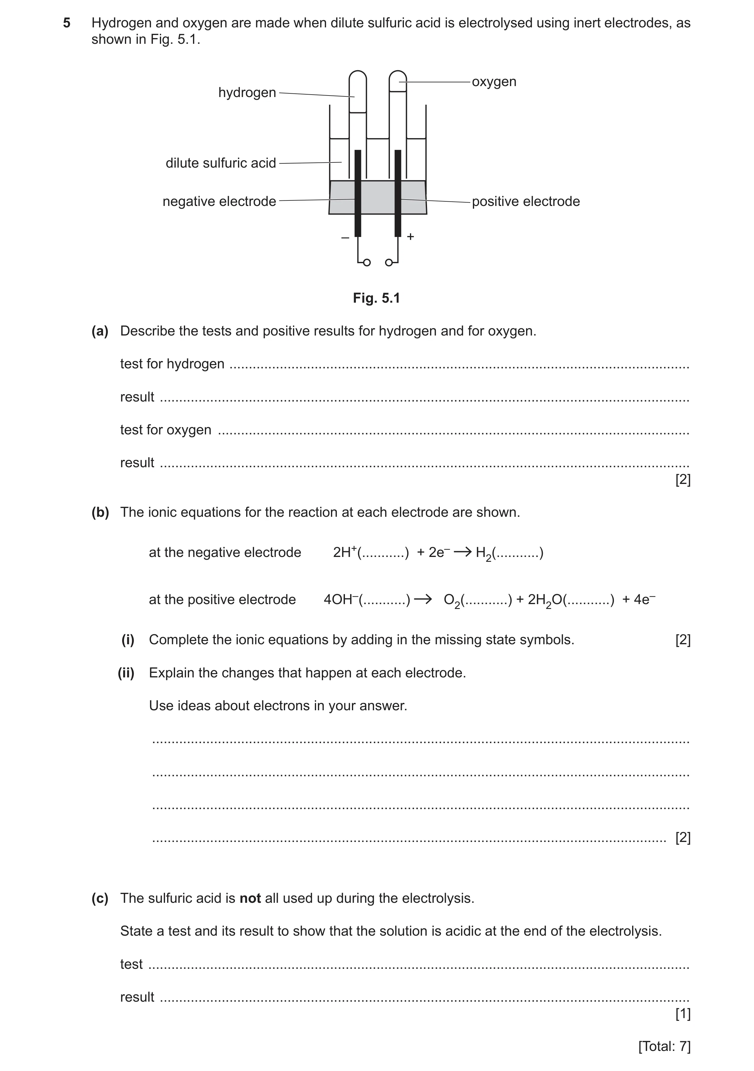 Question 23: Hydrogen and oxygen are made when dilute sulfuric acid is electrolysed using inert electrodes, as shown in Fig. 5.1. oxygen hydrogen dilute…