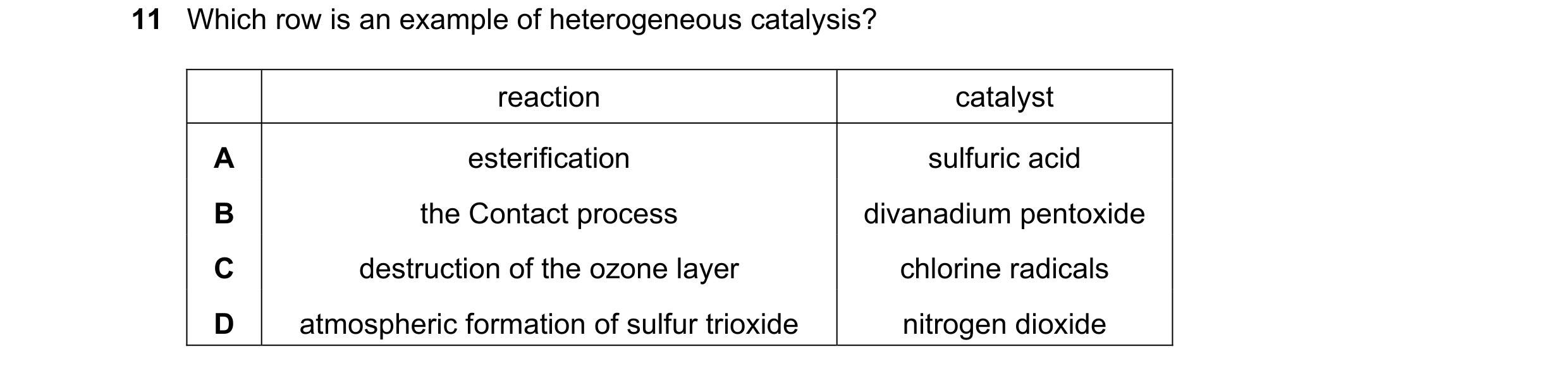 Question 35: Which row is an example of heterogeneous catalysis? reaction catalyst A esterification sulfuric acid B the Contact process divanadium pento…