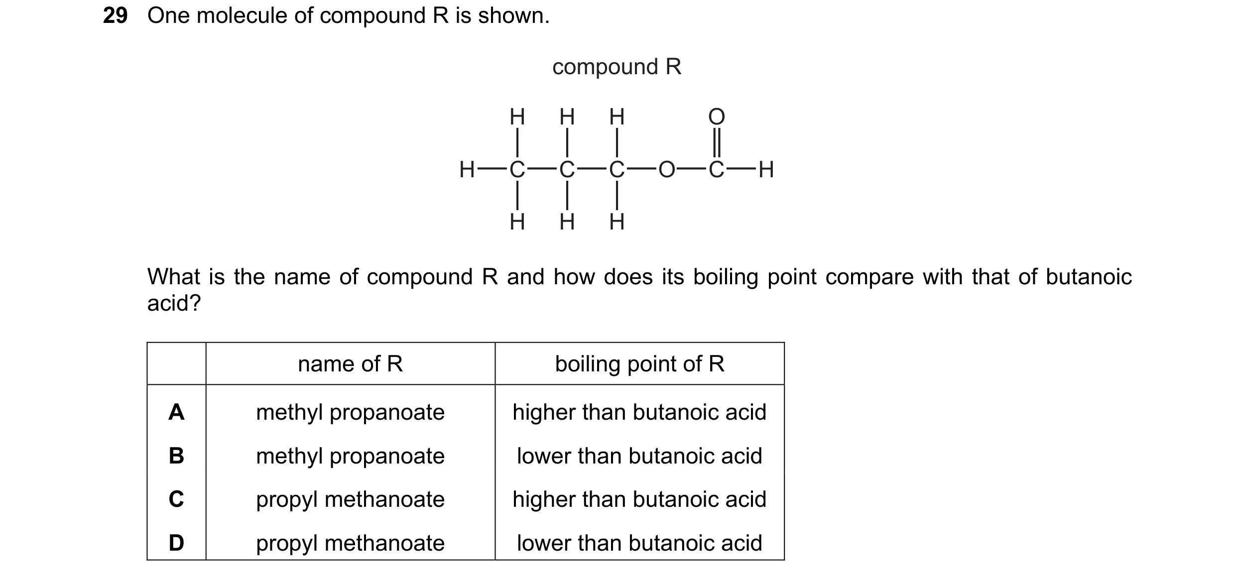 Question 76: One molecule of compound R is shown. compound R H H H O H C C C O C H H H H What is the name of compound R and how does its boiling point c…