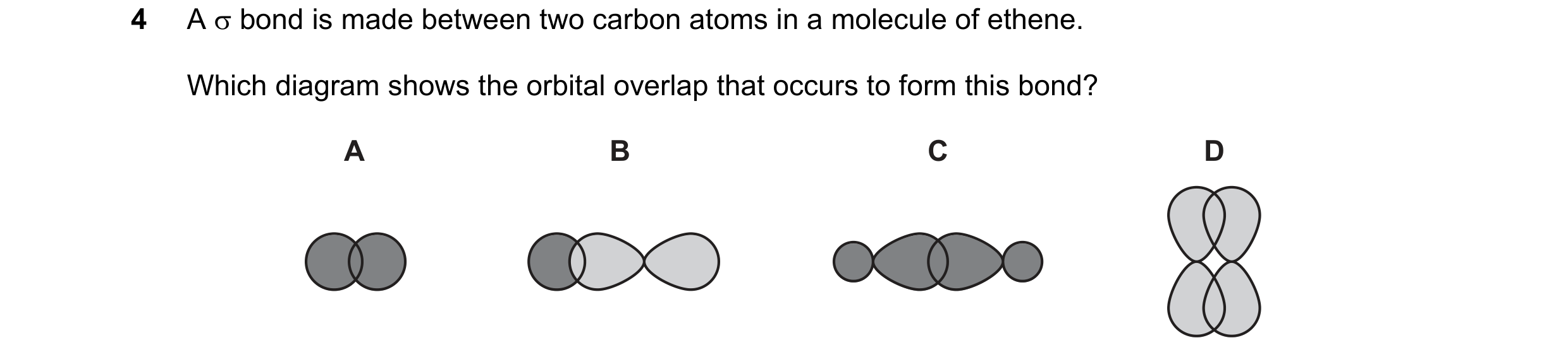Question 44: A σ bond is made between two carbon atoms in a molecule of ethene. Which diagram shows the orbital overlap that occurs to form this bond? A…