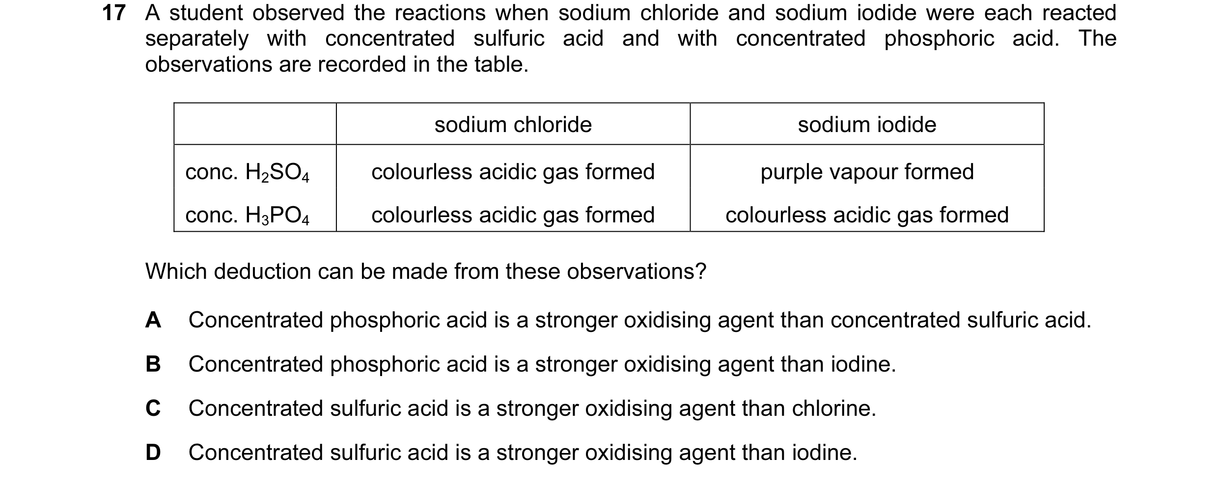 Question 17: A student observed the reactions when sodium chloride and sodium iodide were each reacted separately with concentrated sulfuric acid and wi…