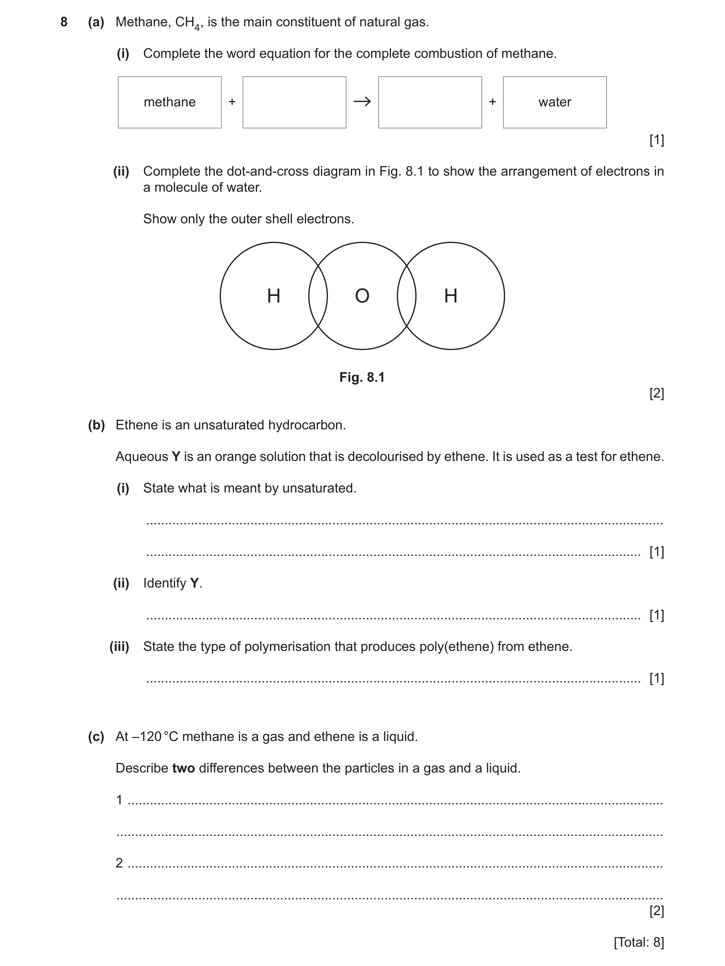 Question 15: (a) Methane, CH4, is the main constituent of natural gas. (i) Complete the word equation for the complete combustion of methane. methane + …