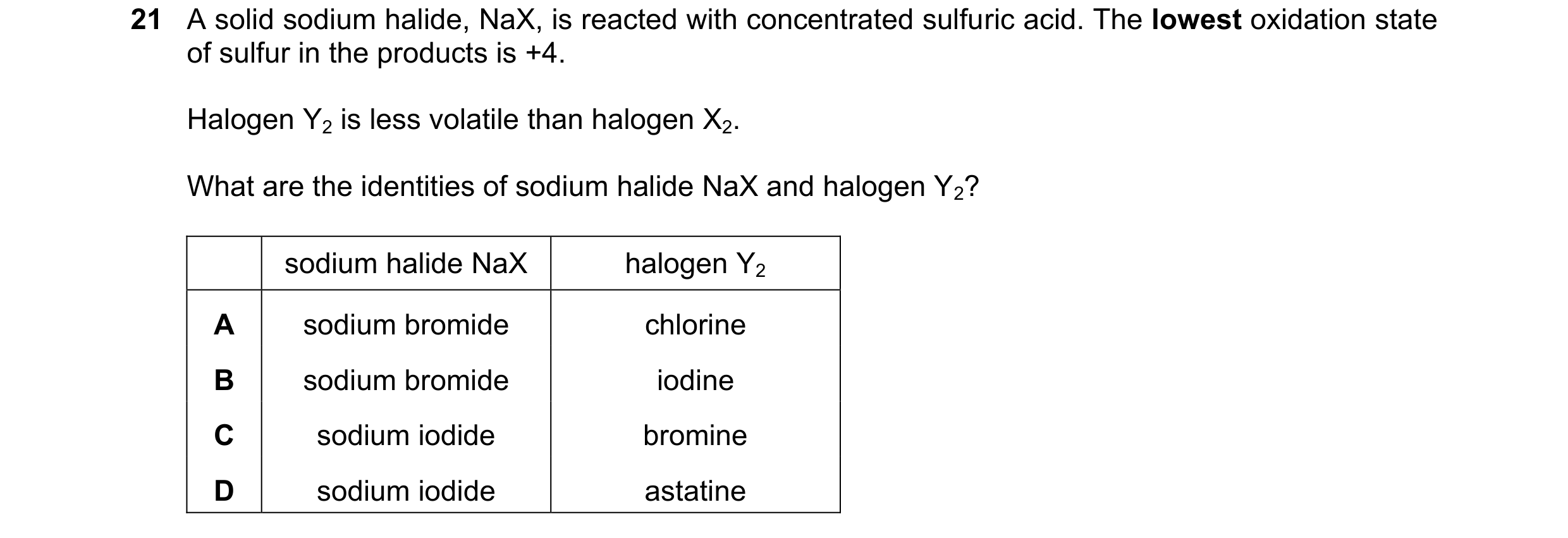 Question 313: A solid sodium halide, NaX, is reacted with concentrated sulfuric acid. The lowest oxidation state of sulfur in the products is +4. Halogen…