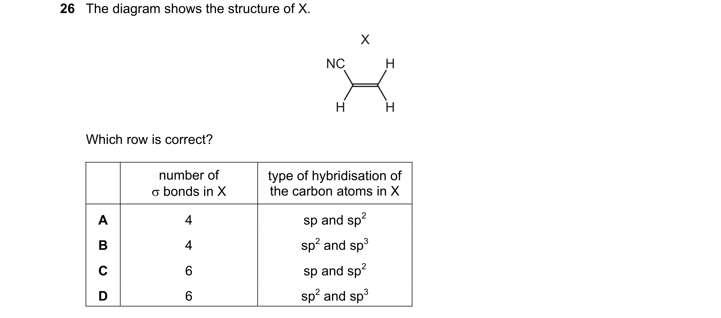 Question 63: The diagram shows the structure of X. X NC H H H Which row is correct? number of type of hybridisation of  bonds in X the carbon atoms in …