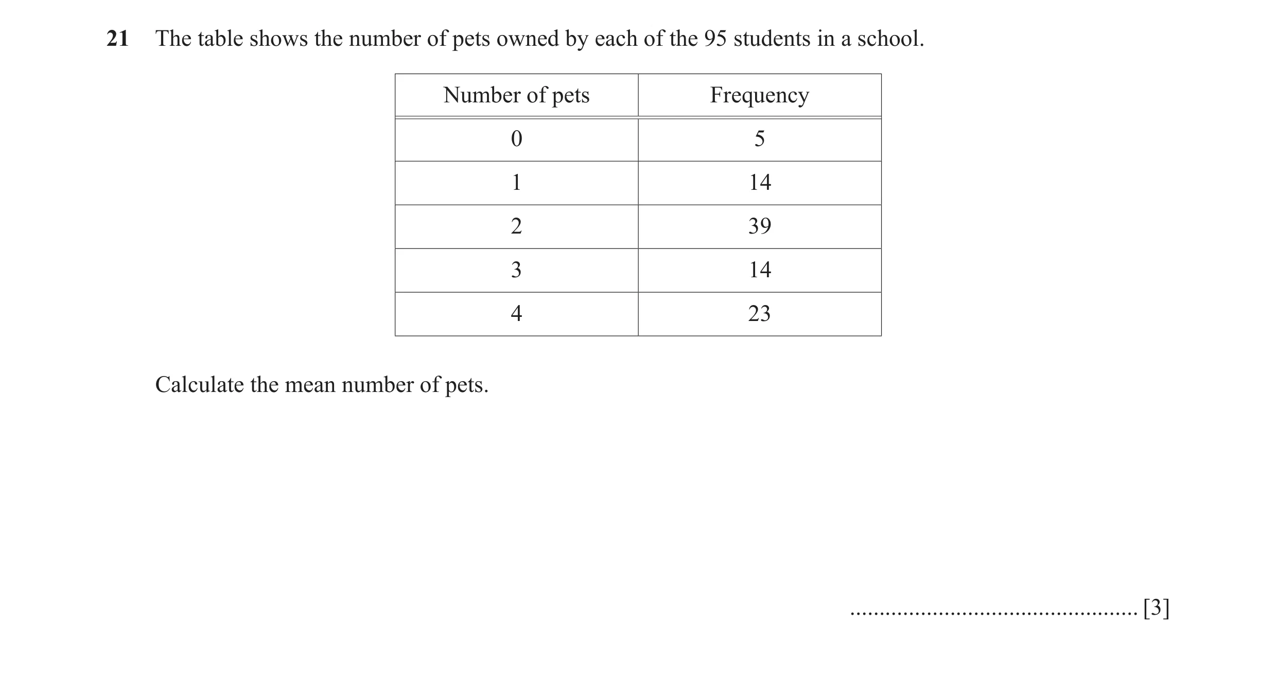 Question 34: The table shows the number of pets owned by each of the 95 students in a school. Number of pets Frequency 0 5 1 14 2 39 3 14 4 23 Calculate…