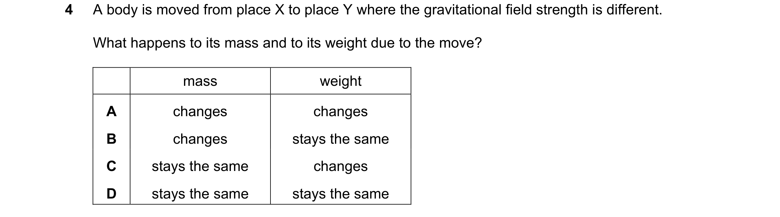 Question 28: A body is moved from place X to place Y where the gravitational field strength is different. What happens to its mass and to its weight due…