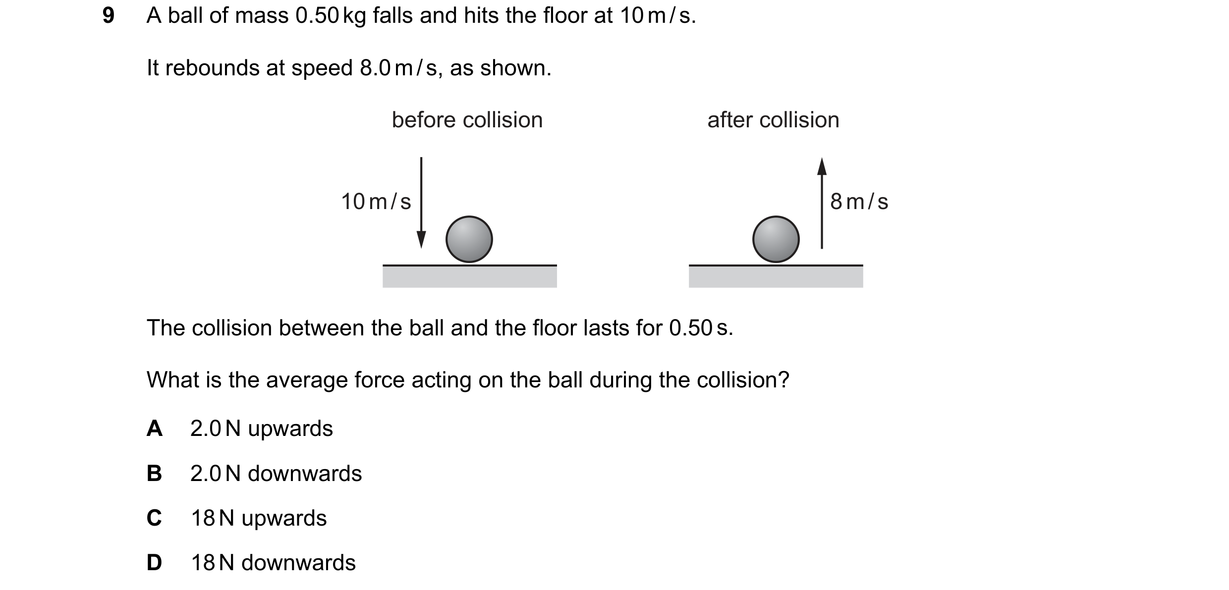 Question 83: A ball of mass 0.50 kg falls and hits the floor at 10 m / s. It rebounds at speed 8.0 m / s, as shown. before collision after collision 10 …