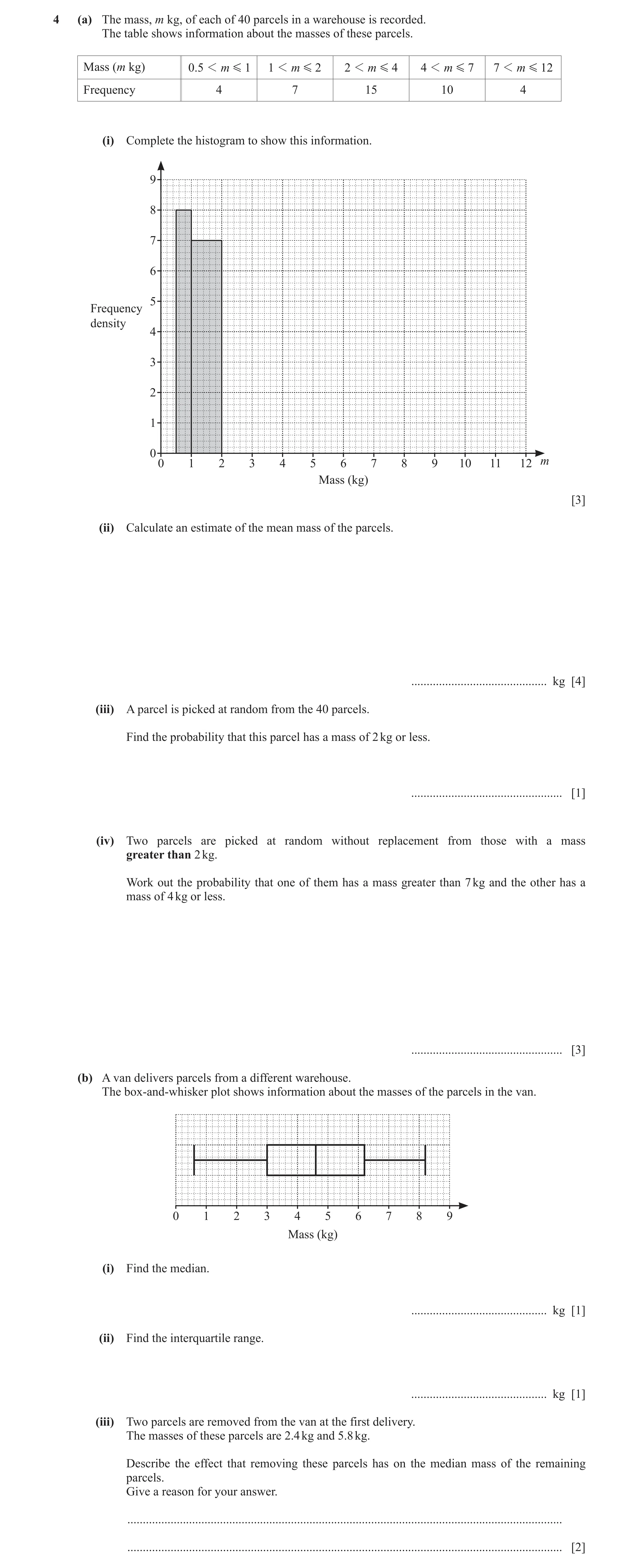 Question 5: (a) The mass, m kg, of each of 40 parcels in a warehouse is recorded. The table shows information about the masses of these parcels. Mass (…