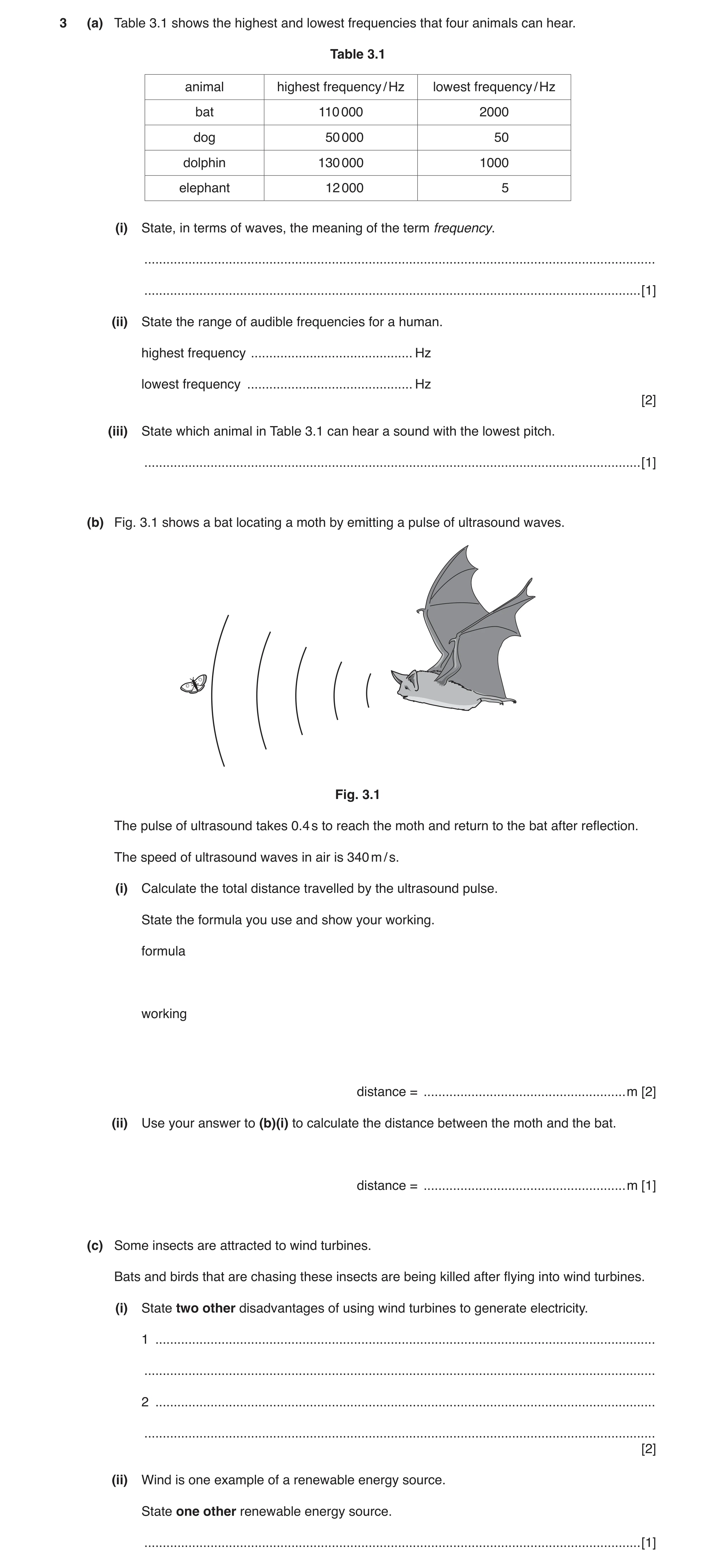 Question 12: (a) Table 3.1 shows the highest and lowest frequencies that four animals can hear. Table 3.1 animal highest frequency / Hz lowest frequency…