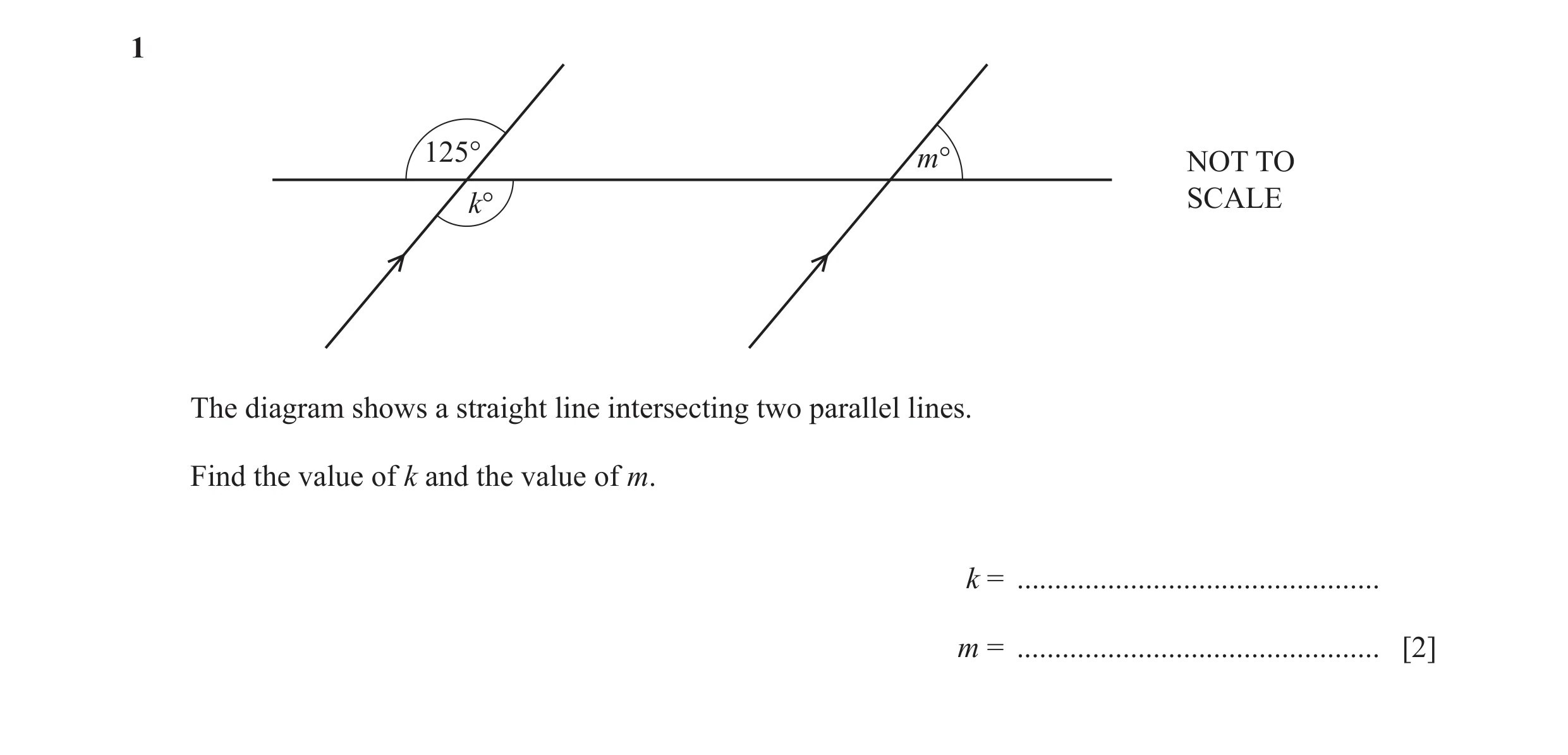 Question 23: 125° m° NOT TO k° SCALE The diagram shows a straight line intersecting two parallel lines. Find the value of k and the value of m. k = ....…