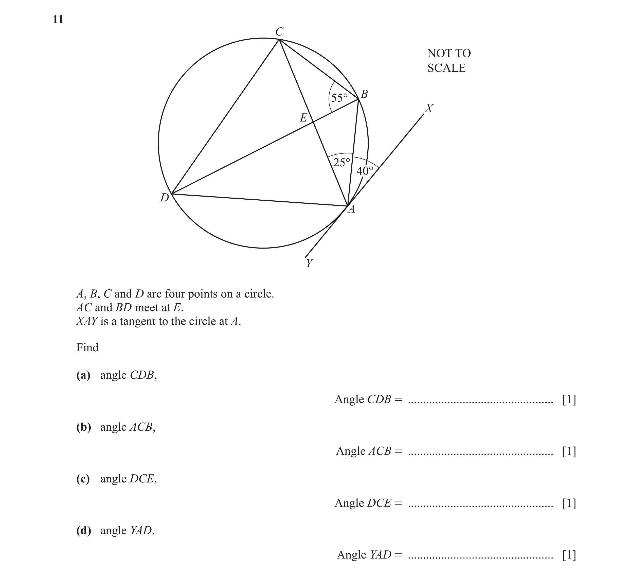 Question 19: C NOT TO SCALE B 55° X E 25° 40° D A Y A, B, C and D are four points on a circle. AC and BD meet at E. XAY is a tangent to the circle at A.…
