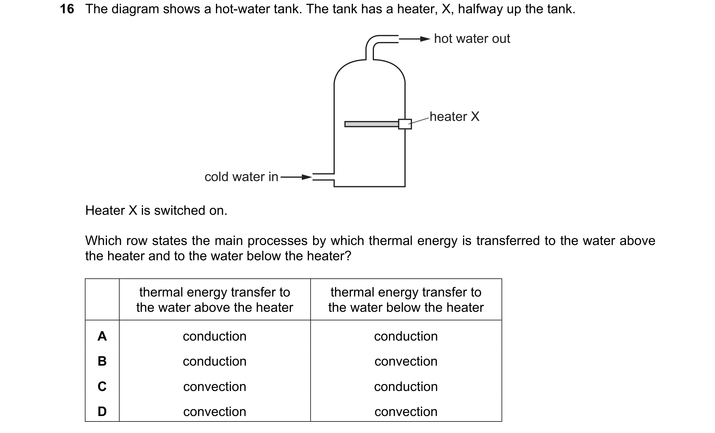 Question 198: The diagram shows a hot-water tank. The tank has a heater, X, halfway up the tank. hot water out heater X cold water in Heater X is switche…