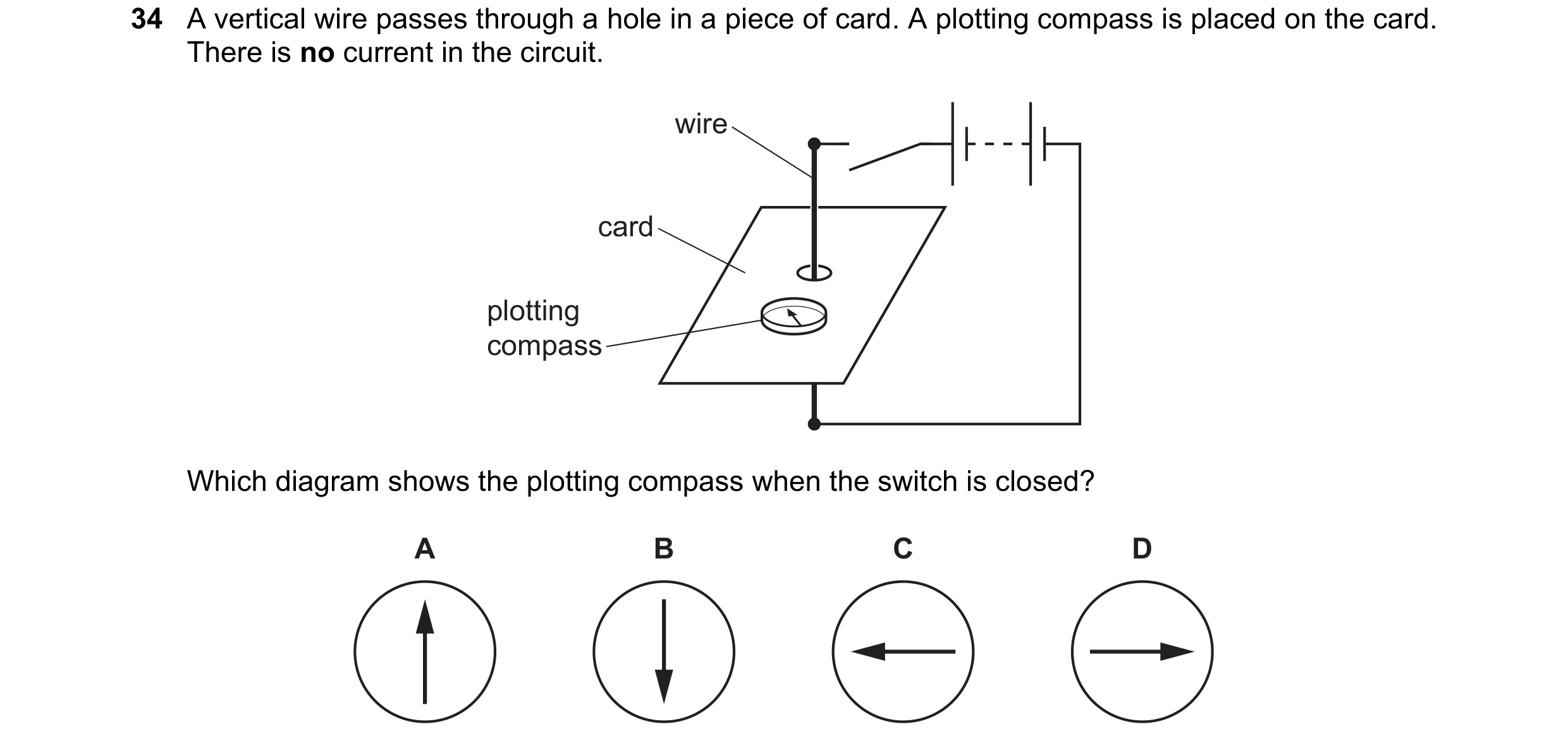 Question 292: A vertical wire passes through a hole in a piece of card. A plotting compass is placed on the card. There is no current in the circuit. wir…