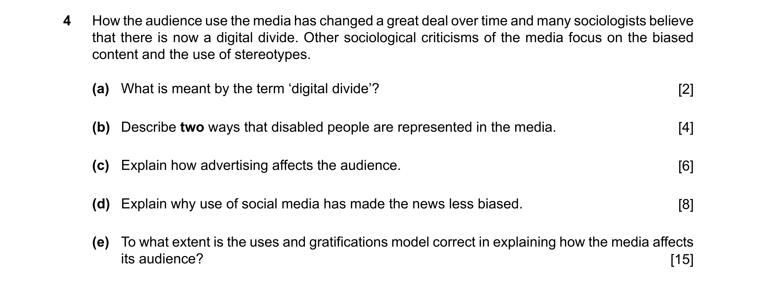 Question 7: How the audience use the media has changed a great deal over time and many sociologists believe that there is now a digital divide. Other s…