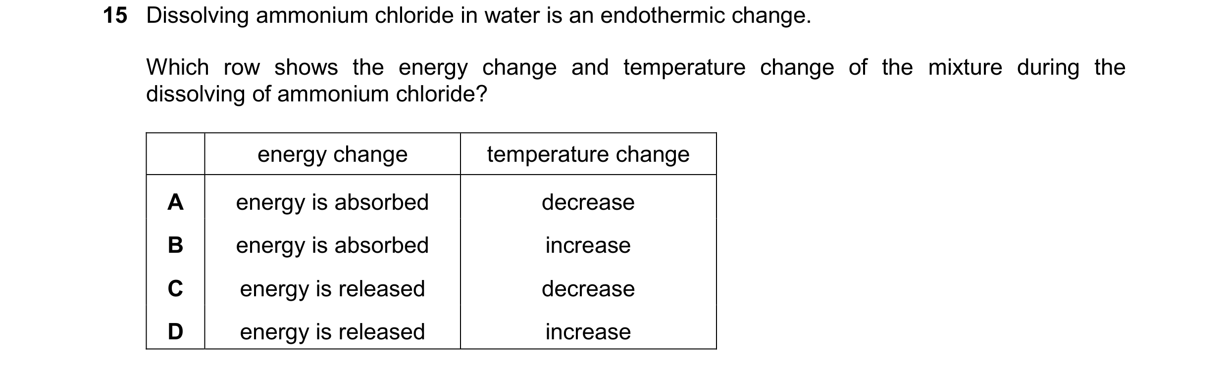 Question 38: Dissolving ammonium chloride in water is an endothermic change. Which row shows the energy change and temperature change of the mixture dur…