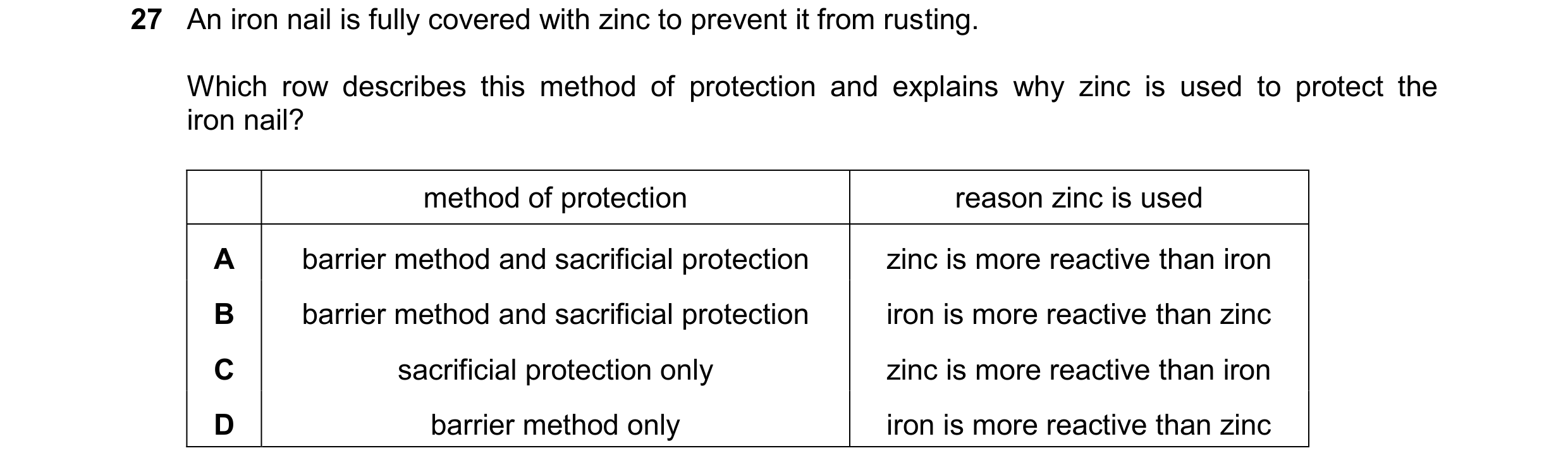 Question 27: An iron nail is fully covered with zinc to prevent it from rusting. Which row describes this method of protection and explains why zinc is …