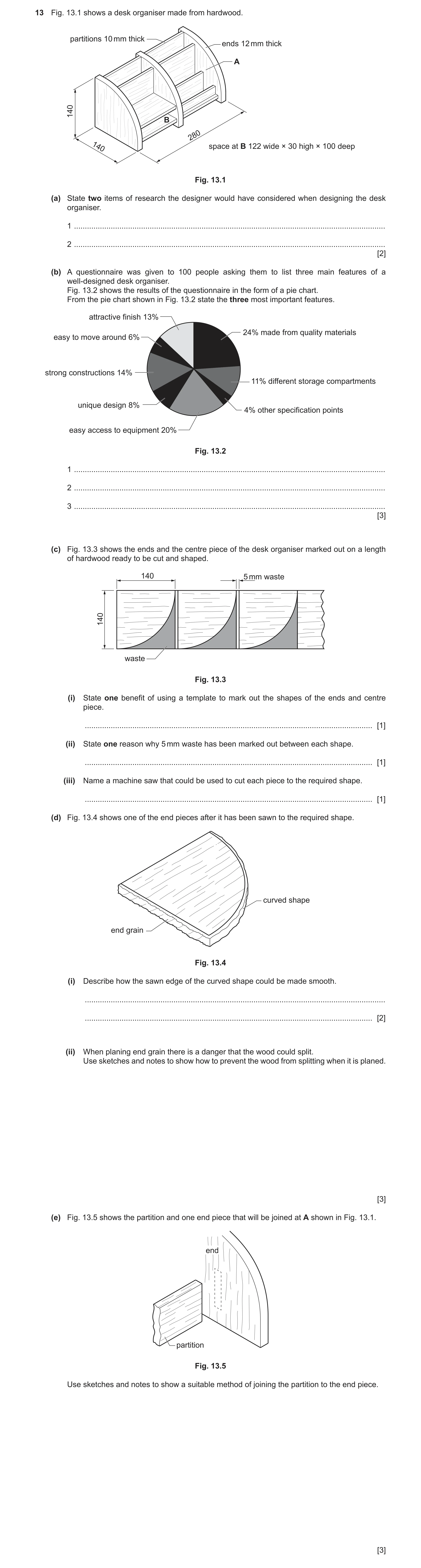 Question 328: Fig. 13.1 shows a desk organiser made from hardwood. partitions 10 mm thick ends 12 mm thick A 140 B 280 space at B 122 wide × 30 high × 10…