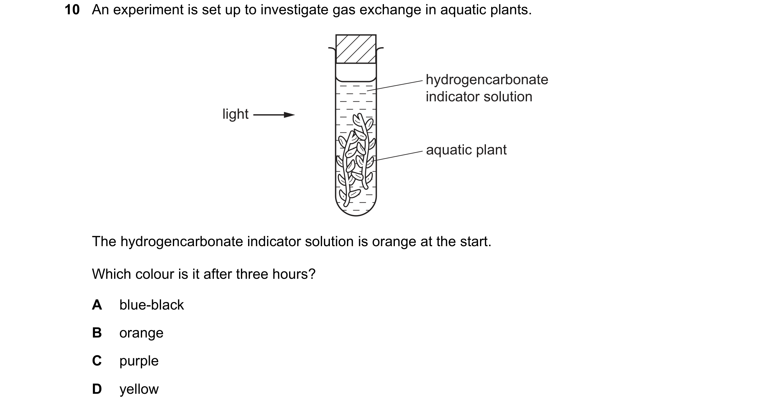 Question 8: An experiment is set up to investigate gas exchange in aquatic plants. hydrogencarbonate indicator solution light aquatic plant The hydroge…