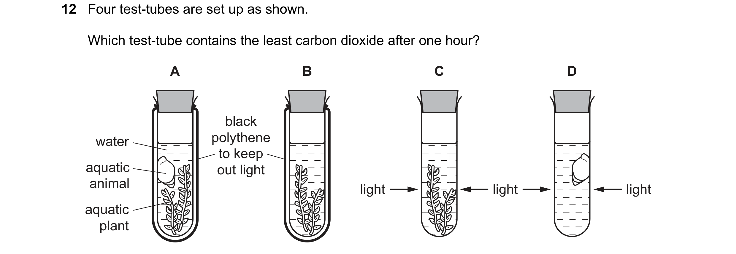 Question 9: Four test-tubes are set up as shown. Which test-tube contains the least carbon dioxide after one hour? A B C D black water polythene to kee…