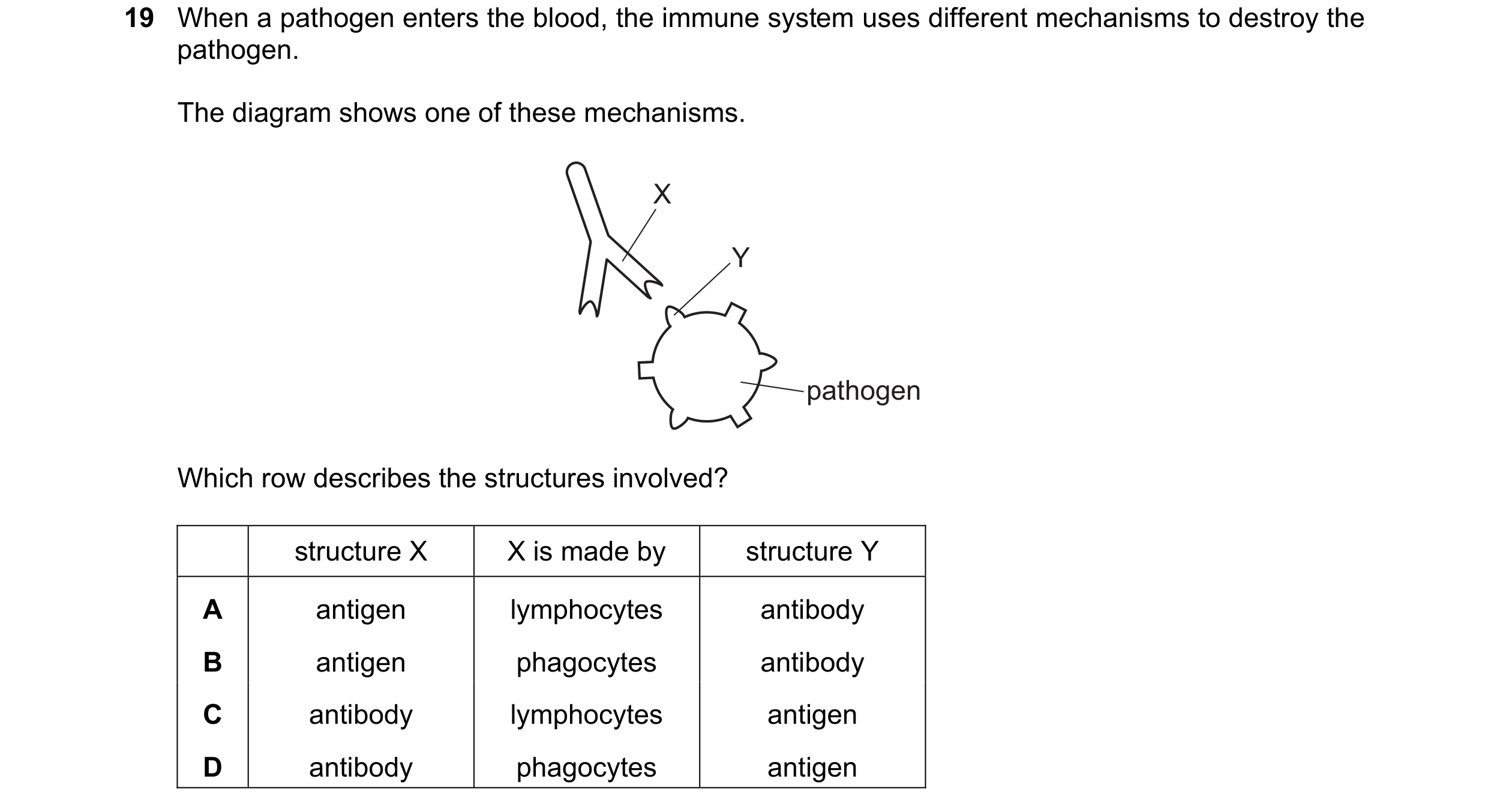 Question 10: When a pathogen enters the blood, the immune system uses different mechanisms to destroy the pathogen. The diagram shows one of these mecha…