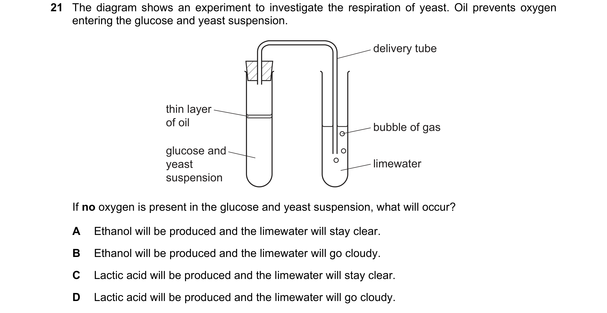Question 10: The diagram shows an experiment to investigate the respiration of yeast. Oil prevents oxygen entering the glucose and yeast suspension. del…