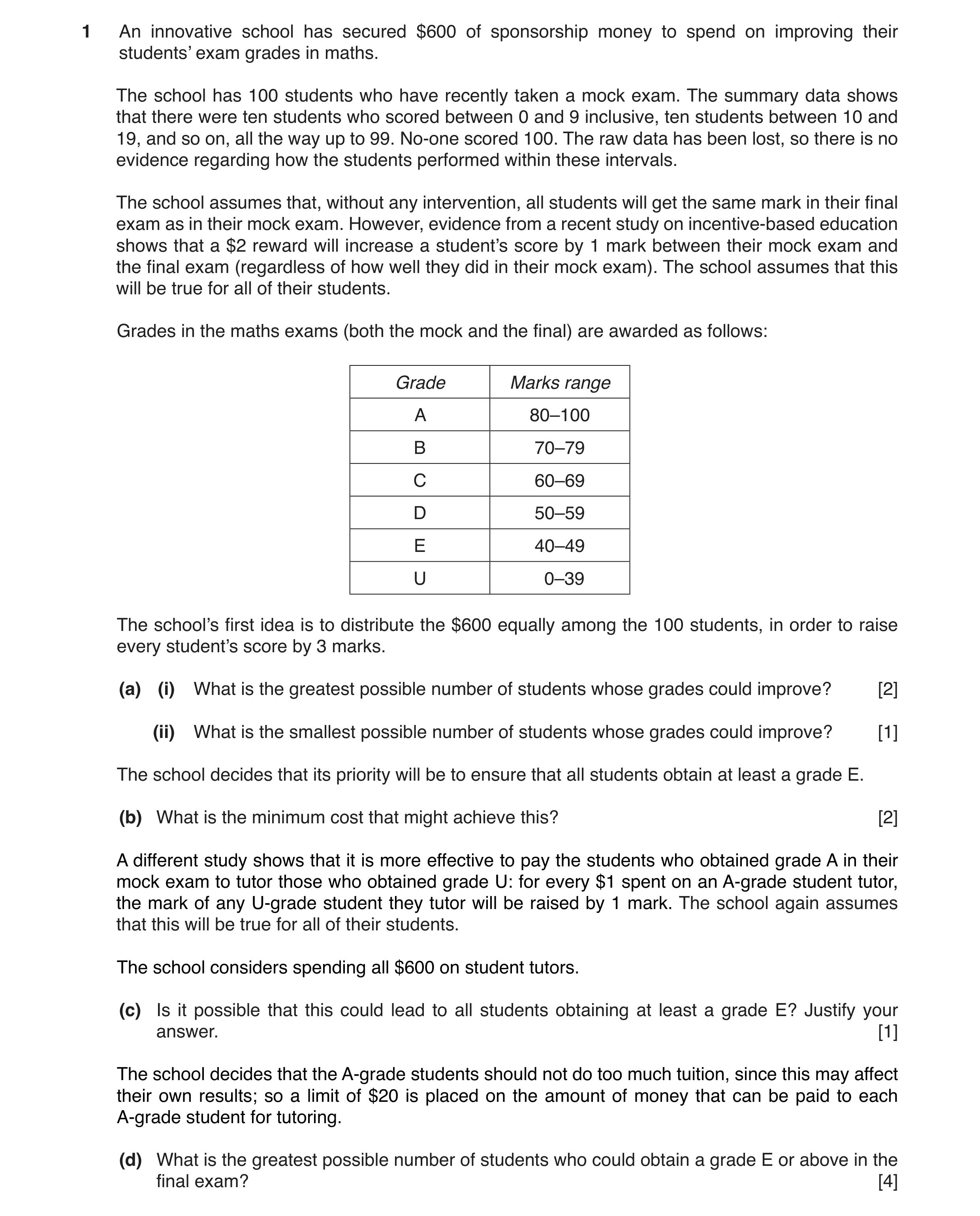 Question 28: An innovative school has secured $600 of sponsorship money to spend on improving their students’ exam grades in maths. The school has 100 s…