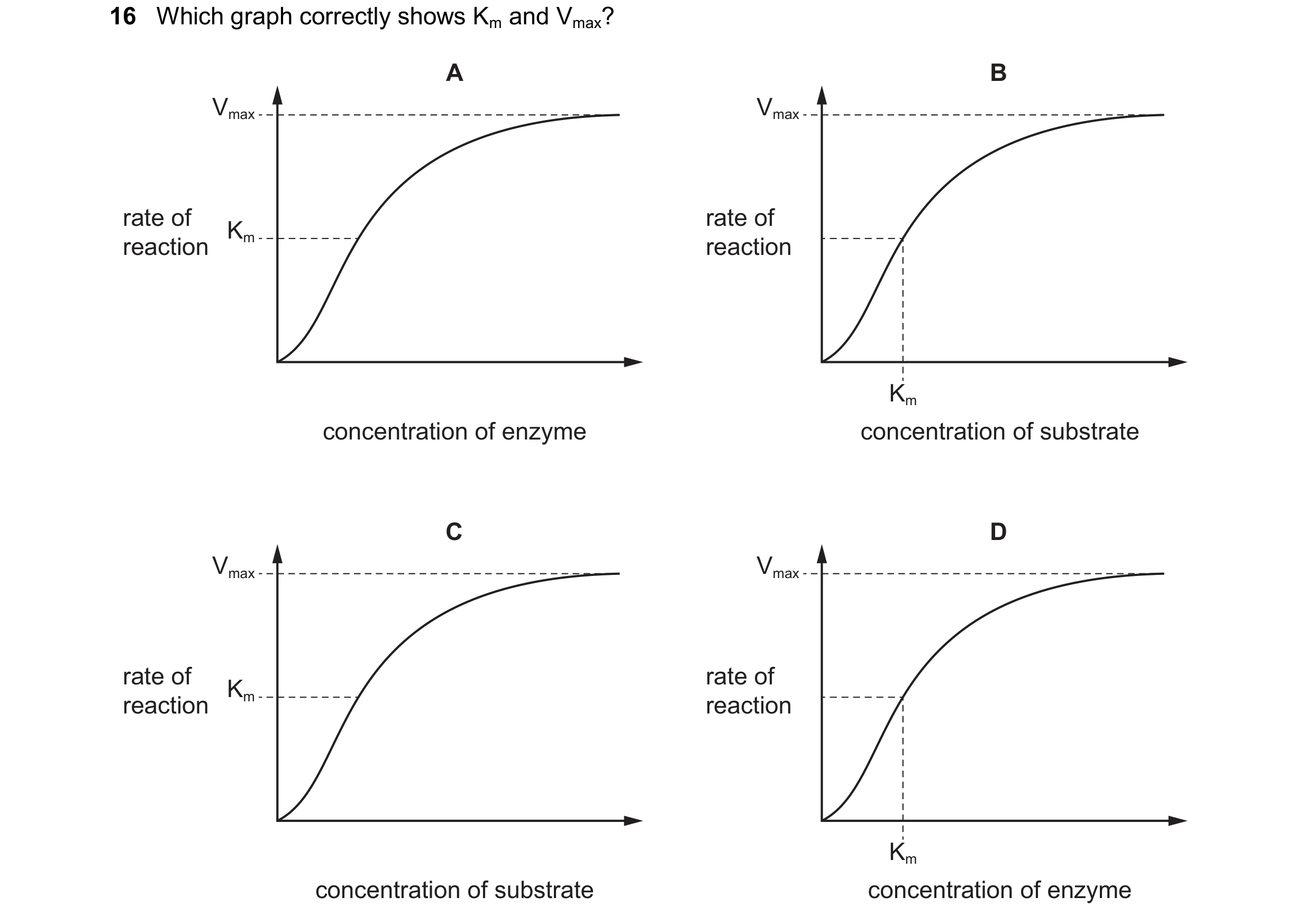 Question 173: Which graph correctly shows Km and Vmax? A B Vmax Vmax rate of rate of Km reaction reaction Km concentration of enzyme concentration of sub…