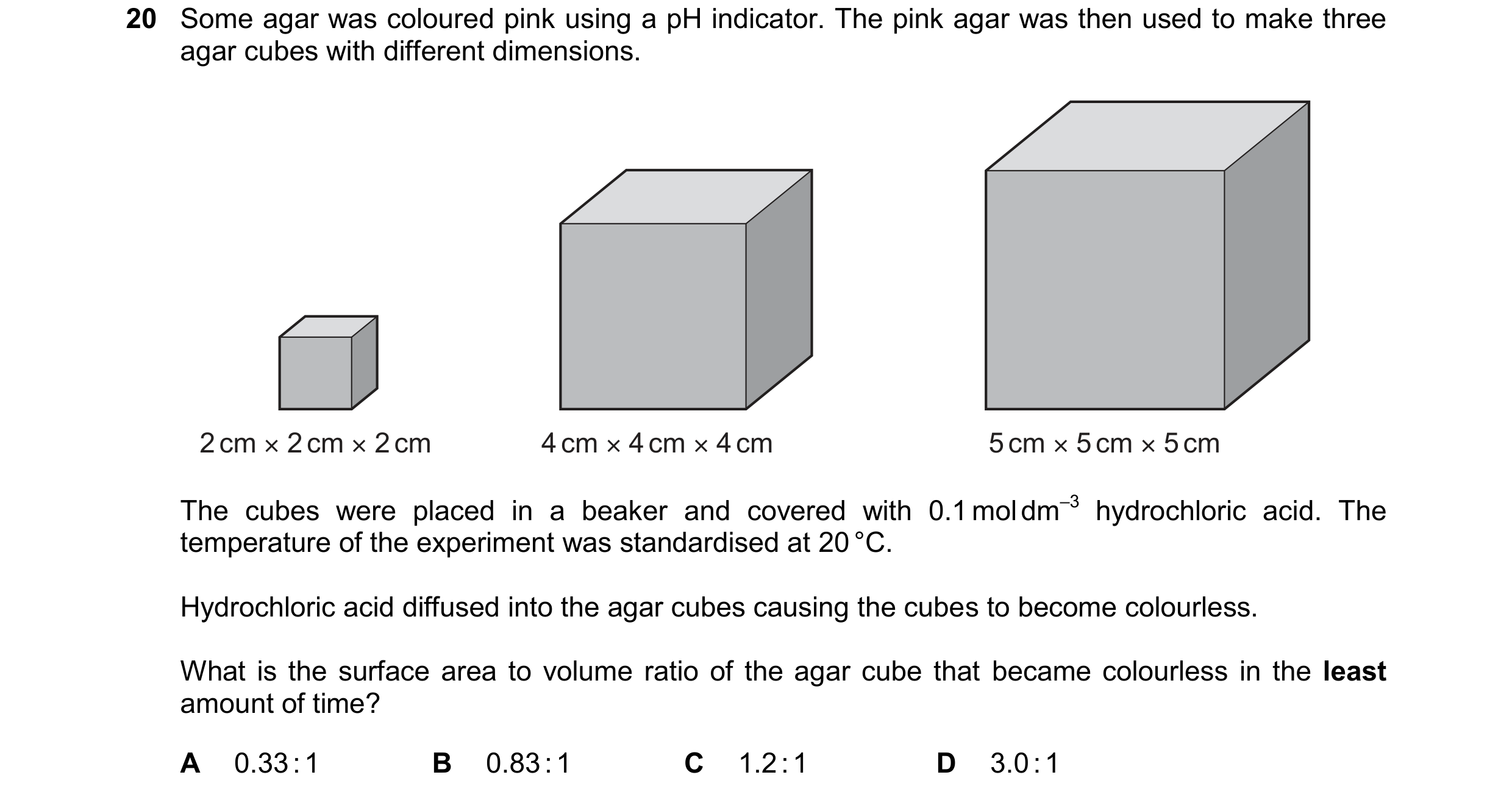 Question 248: Some agar was coloured pink using a pH indicator. The pink agar was then used to make three agar cubes with different dimensions. 2 cm × 2 …