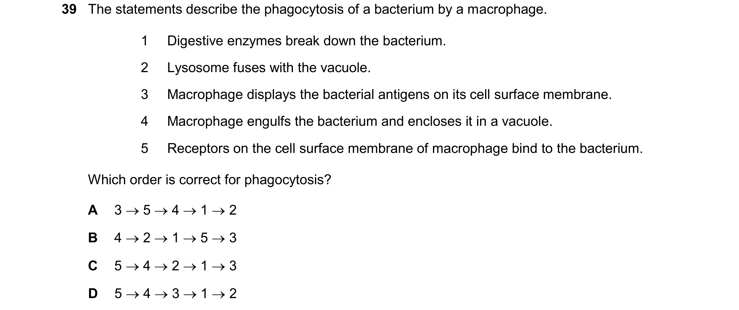Question 141: The statements describe the phagocytosis of a bacterium by a macrophage. 1 Digestive enzymes break down the bacterium. 2 Lysosome fuses wit…