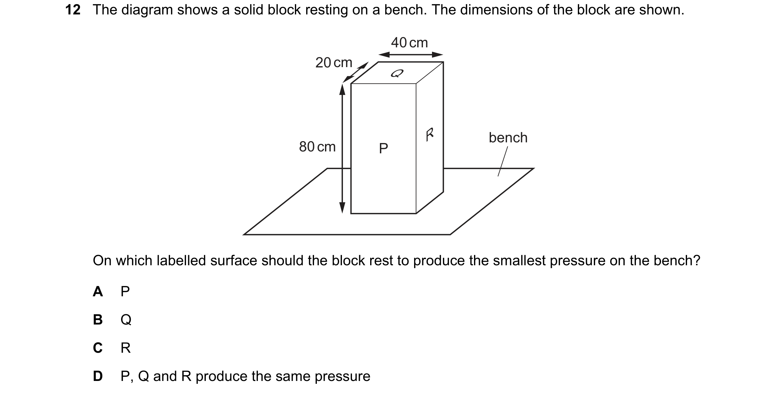 Question 162: The diagram shows a solid block resting on a bench. The dimensions of the block are shown. 40 cm 20 cm Q R bench 80 cm P On which labelled …