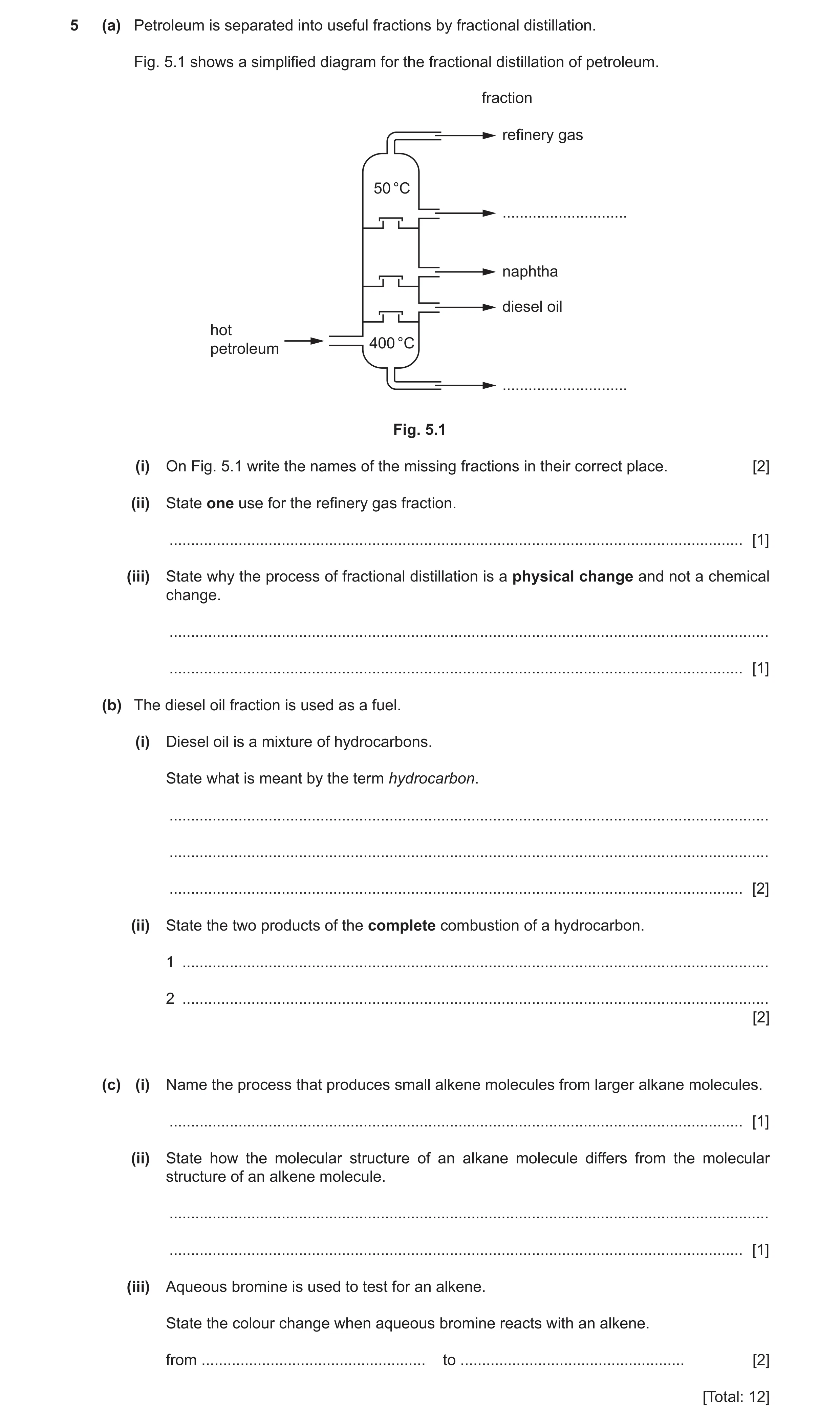 Question 24: (a) Petroleum is separated into useful fractions by fractional distillation. Fig. 5.1 shows a simplified diagram for the fractional distill…