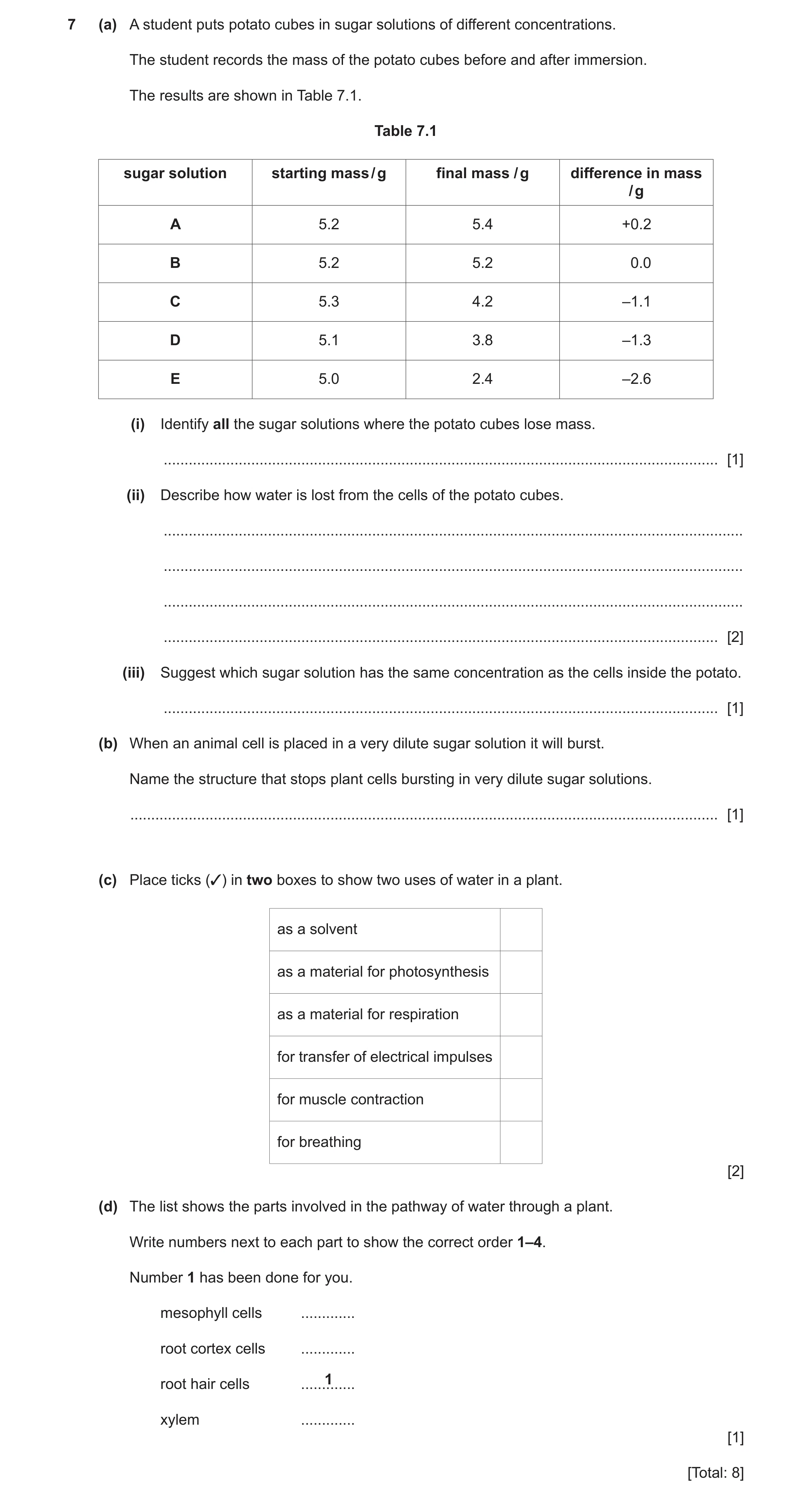 Question 13: (a) A student puts potato cubes in sugar solutions of different concentrations. The student records the mass of the potato cubes before and…