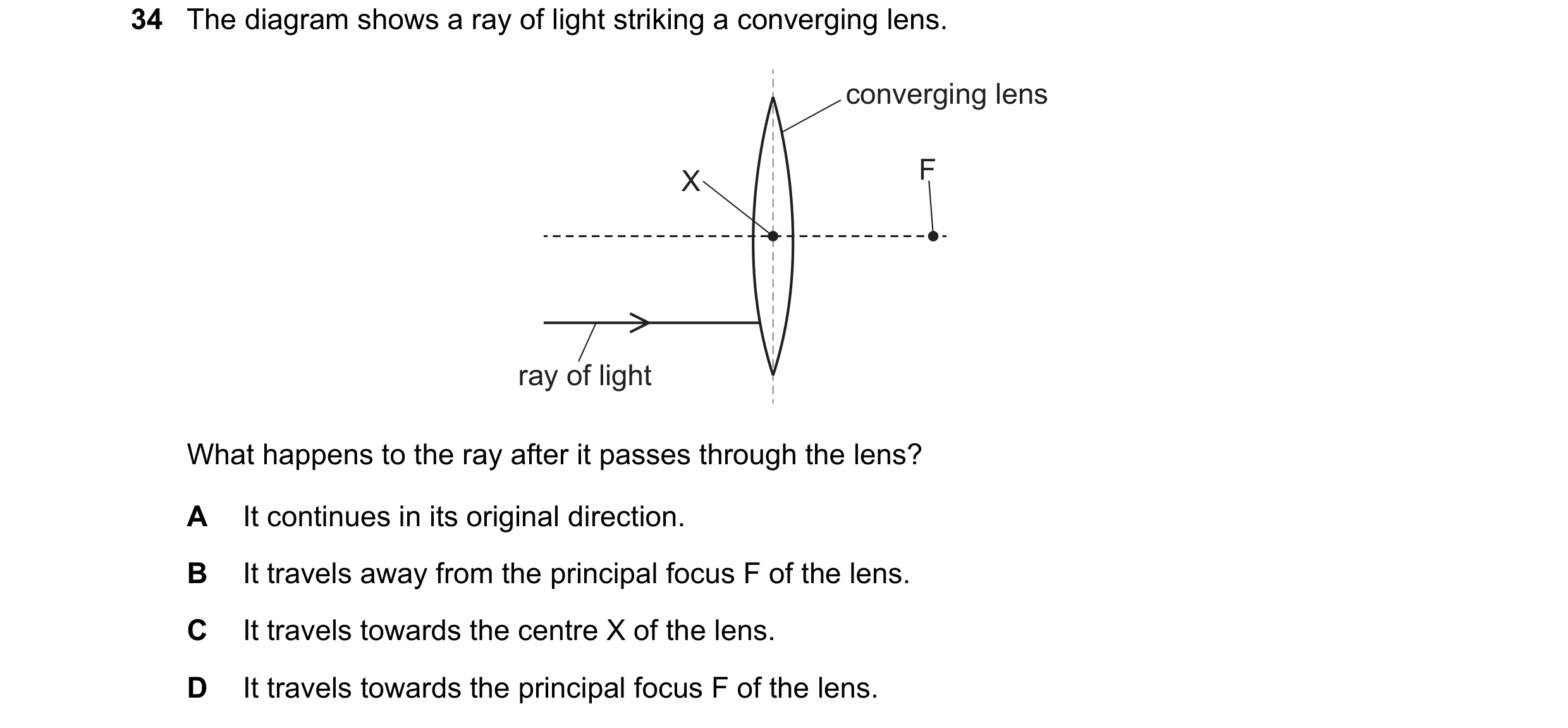 Question 4: The diagram shows a ray of light striking a converging lens. converging lens X F ray of light What happens to the ray after it passes throu…