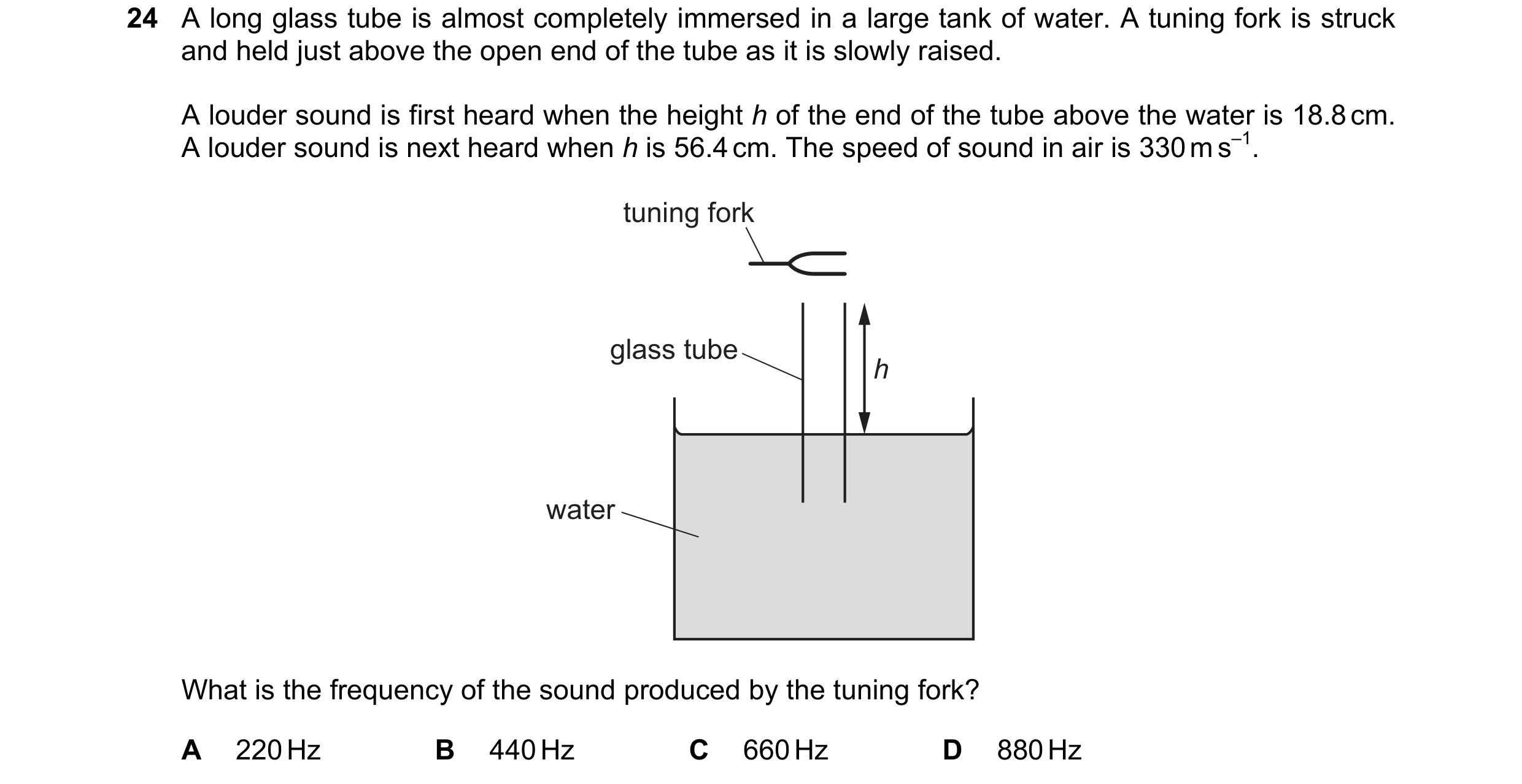 Question 84: A long glass tube is almost completely immersed in a large tank of water. A tuning fork is struck and held just above the open end of the t…