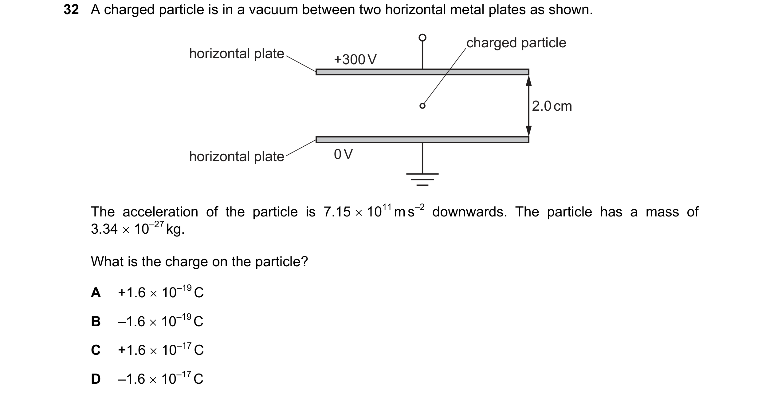 Question 120: A charged particle is in a vacuum between two horizontal metal plates as shown. charged particle horizontal plate +300 V 2.0 cm horizontal …
