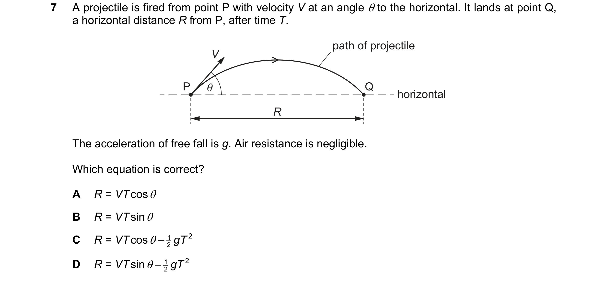 Question 157: A projectile is fired from point P with velocity V at an angle θ to the horizontal. It lands at point Q, a horizontal distance R from P, af…