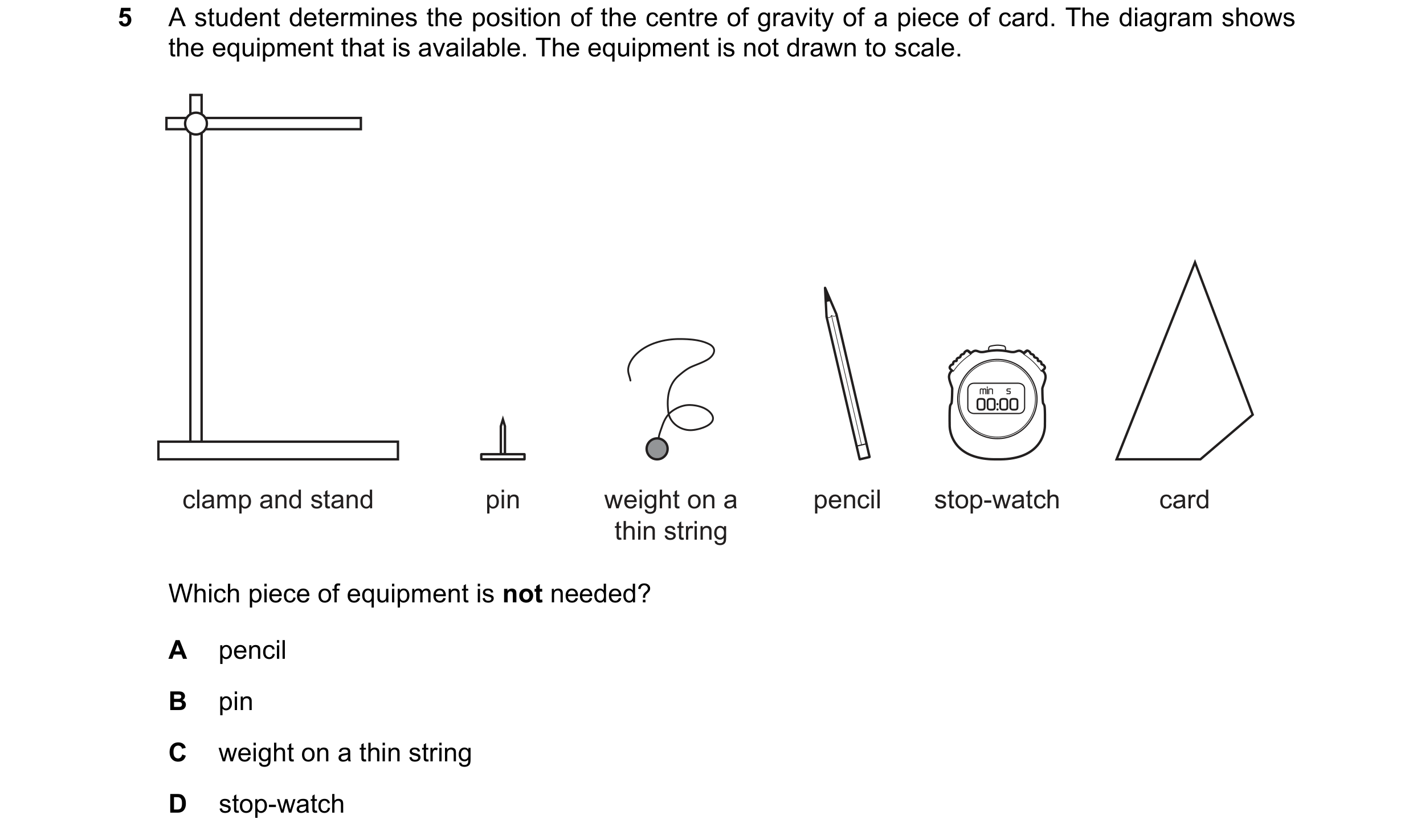 Question 293: A student determines the position of the centre of gravity of a piece of card. The diagram shows the equipment that is available. The equip…