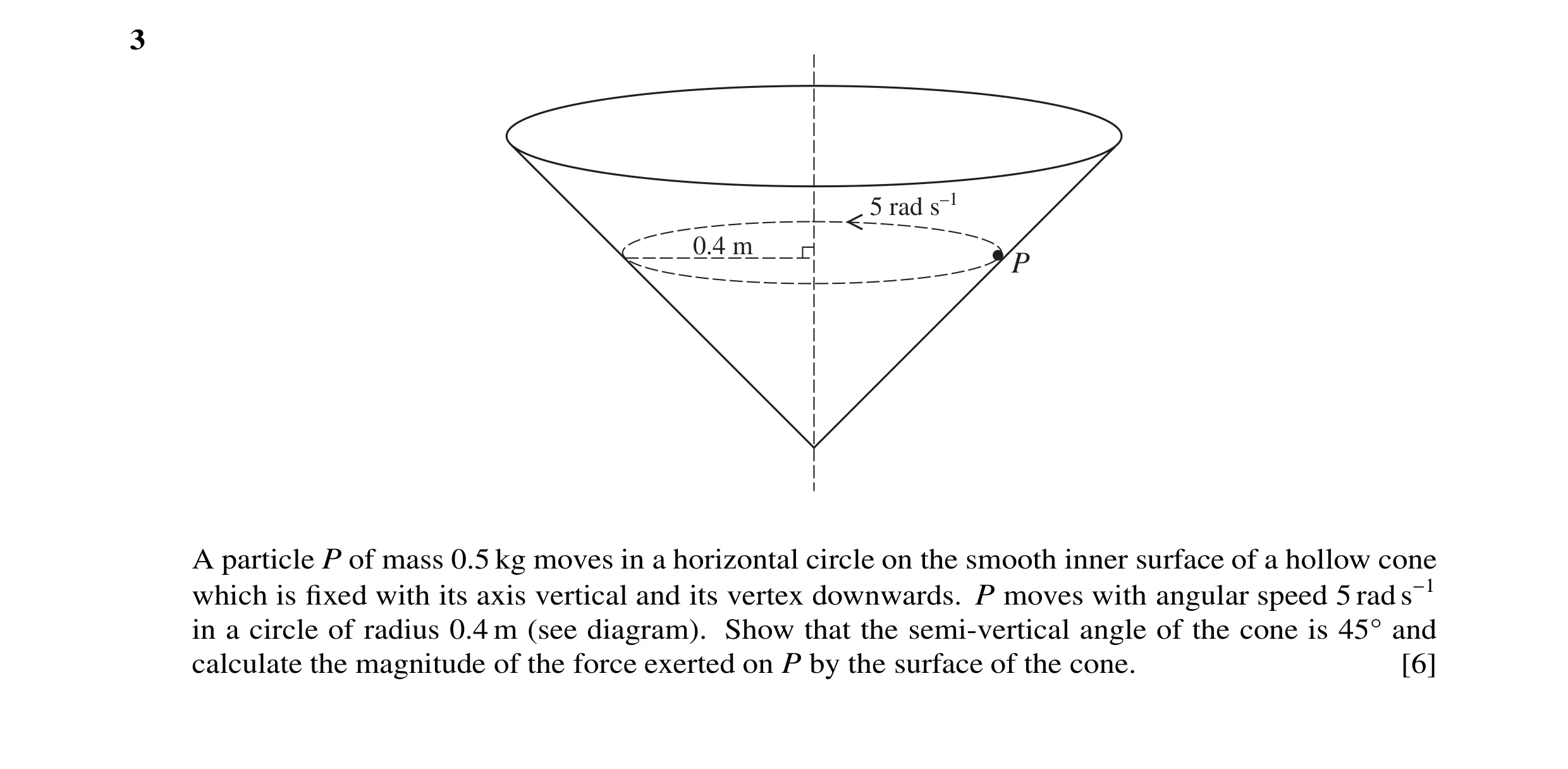 Question 94: 5 rad s–1 0.4 m P A particle P of mass 0.5 kg moves in a horizontal circle on the smooth inner surface of a hollow cone which is ﬁxed with …