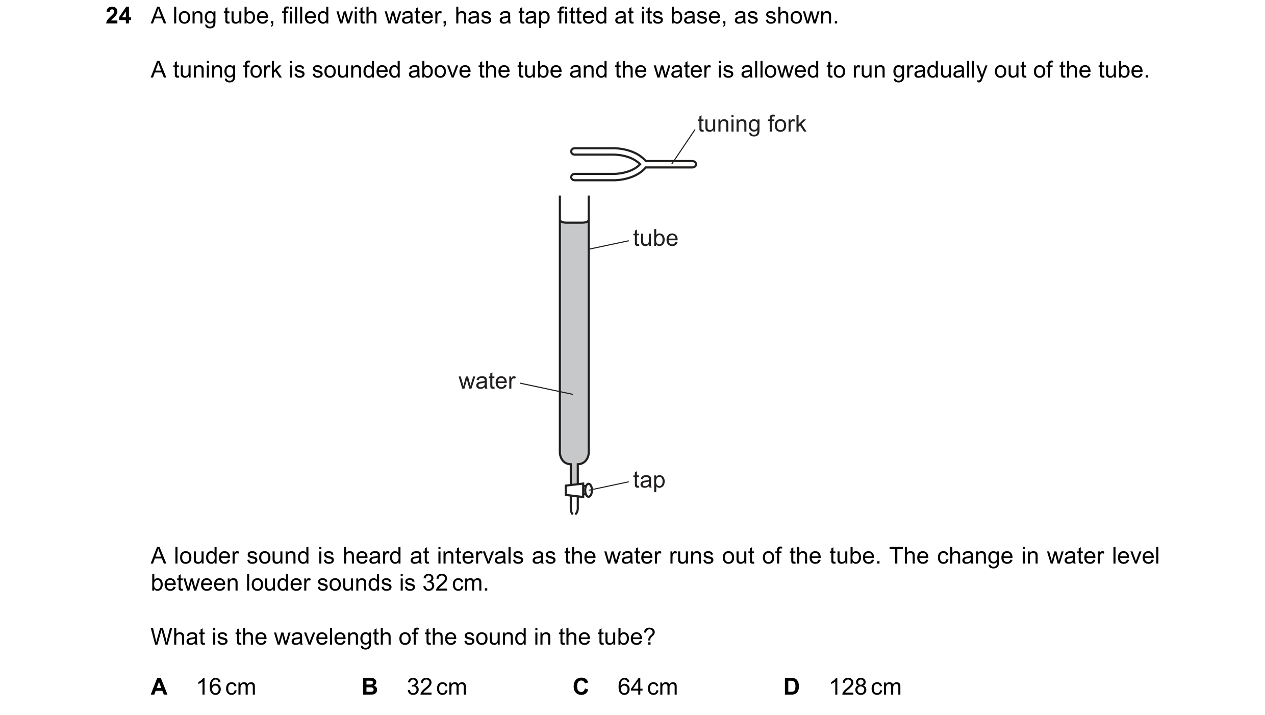 Question 75: A long tube, filled with water, has a tap fitted at its base, as shown. A tuning fork is sounded above the tube and the water is allowed to…