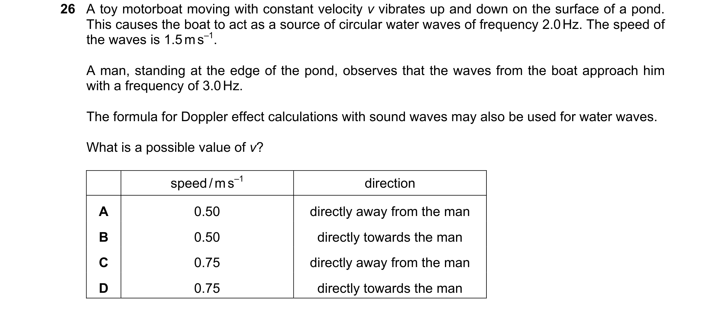 Question 24: A toy motorboat moving with constant velocity v vibrates up and down on the surface of a pond. This causes the boat to act as a source of c…