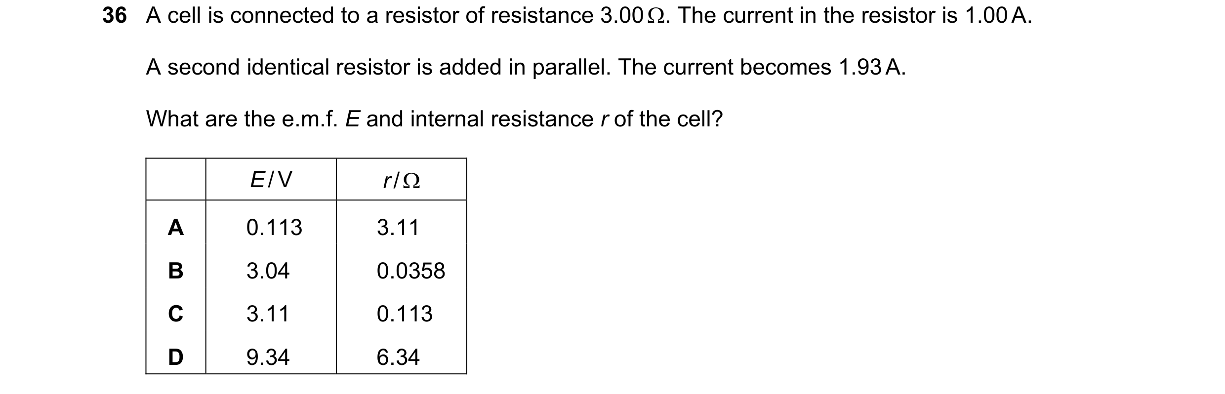 Question 146: A cell is connected to a resistor of resistance 3.00 Ω. The current in the resistor is 1.00 A. A second identical resistor is added in para…