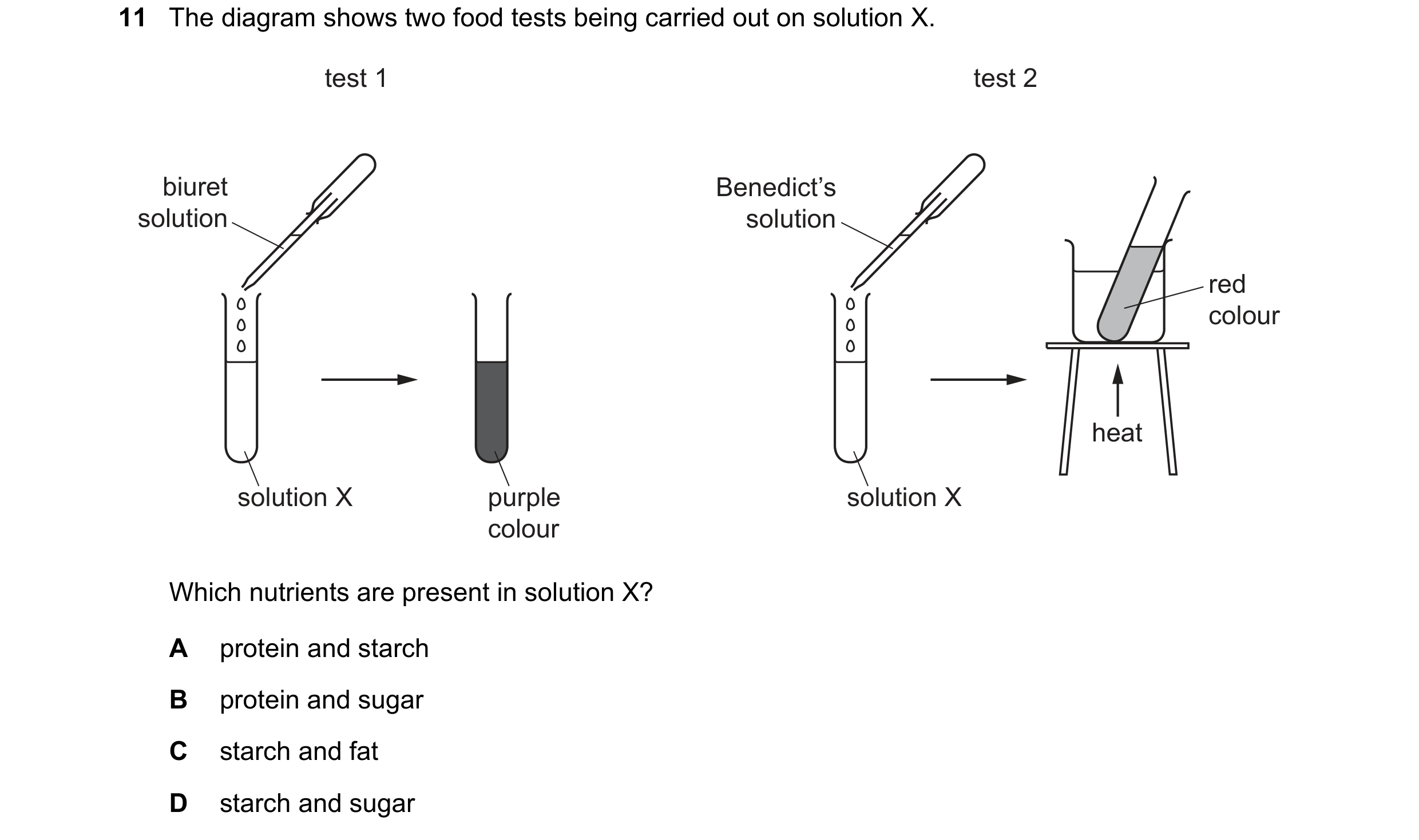 Question 22: The diagram shows two food tests being carried out on solution X. test 1 test 2 biuret Benedict’s solution solution red colour heat solutio…